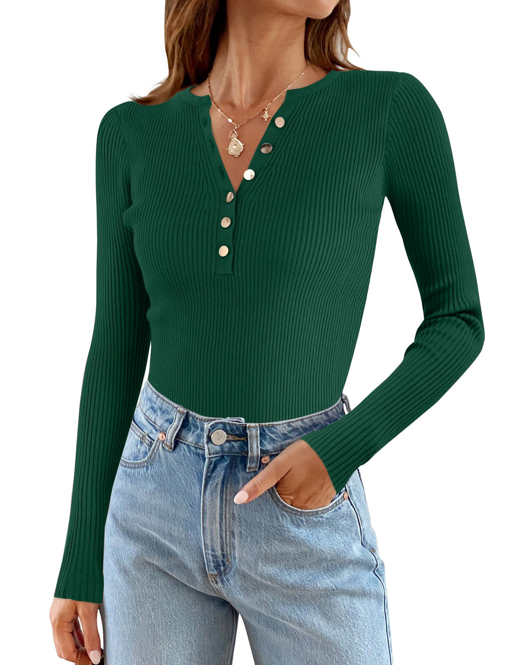 Luxuii Long Sleeve Button Down V Neck Slim Fitted Ribbed Top