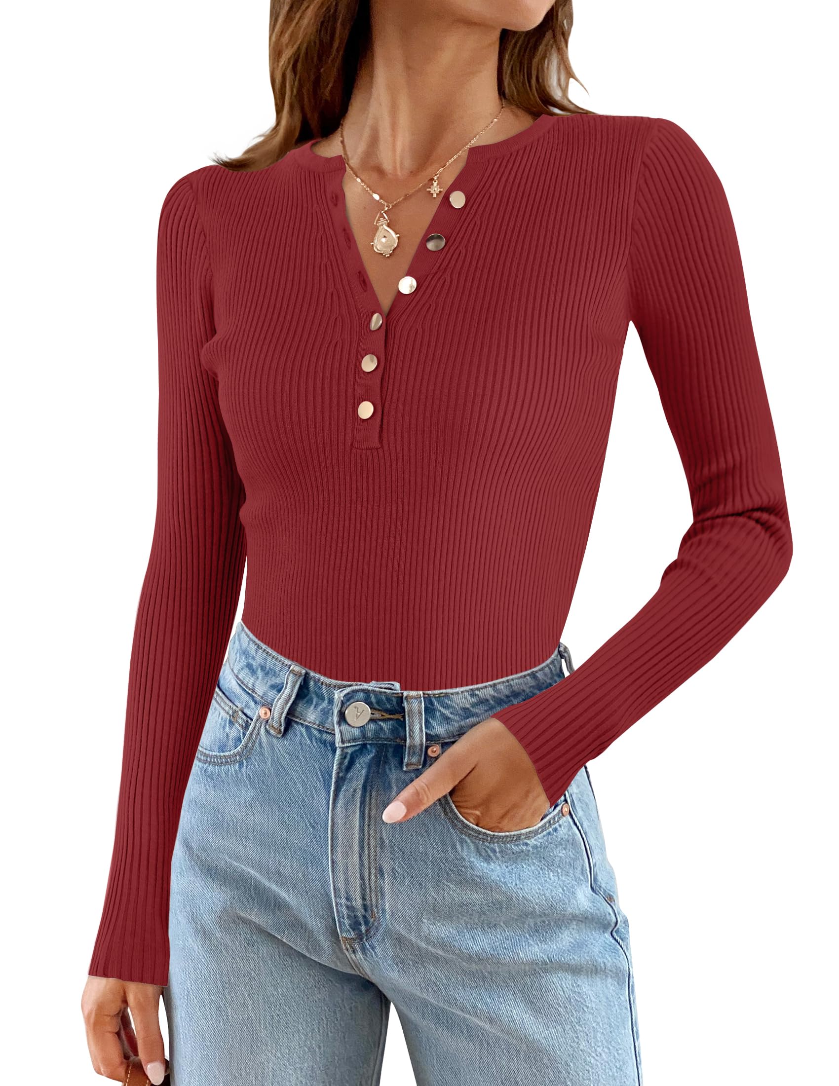 Luxuii Long Sleeve Button Down V Neck Slim Fitted Ribbed Top