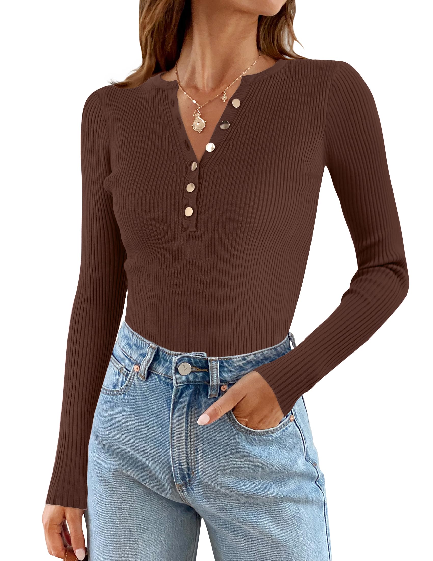 Luxuii Long Sleeve Button Down V Neck Slim Fitted Ribbed Top