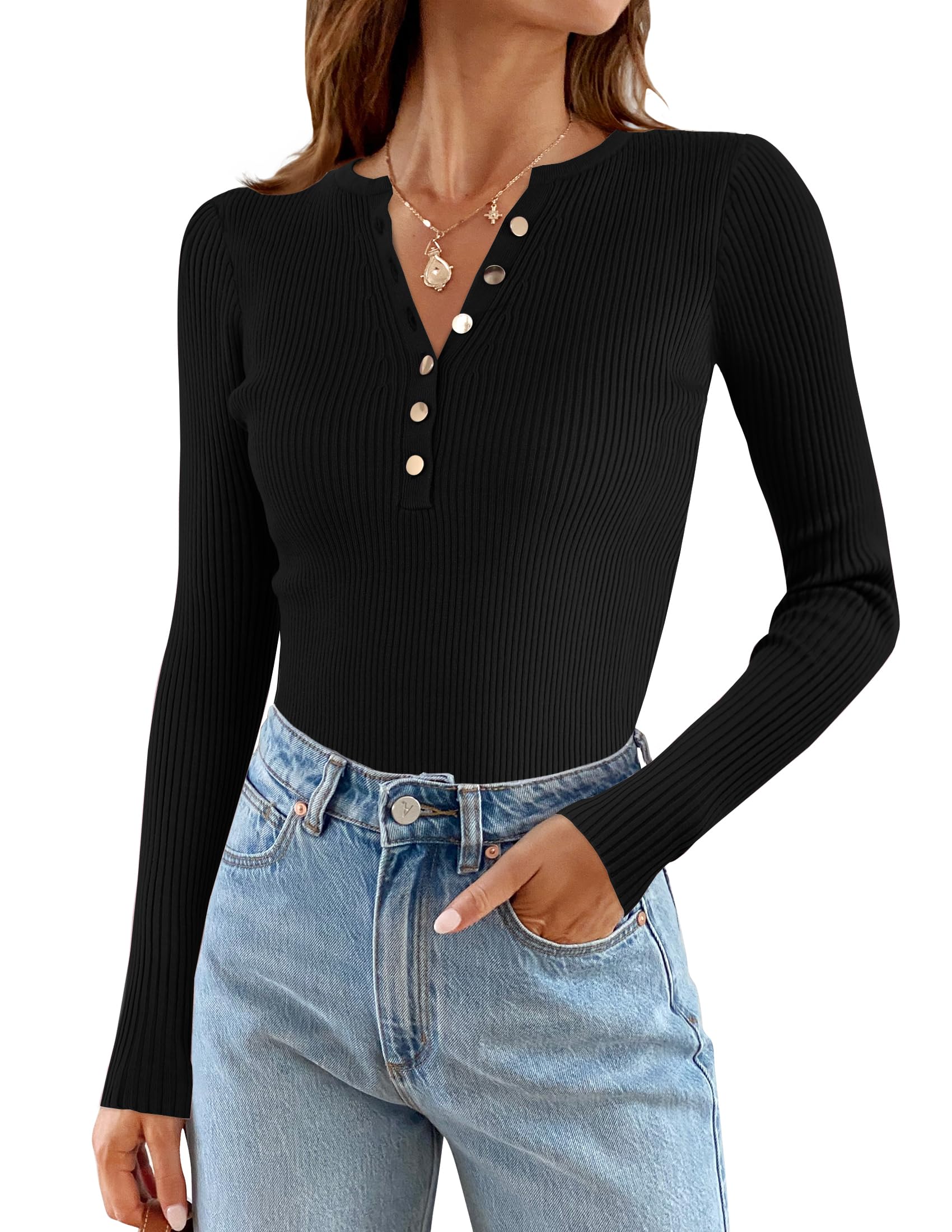 Luxuii Long Sleeve Button Down V Neck Slim Fitted Ribbed Top