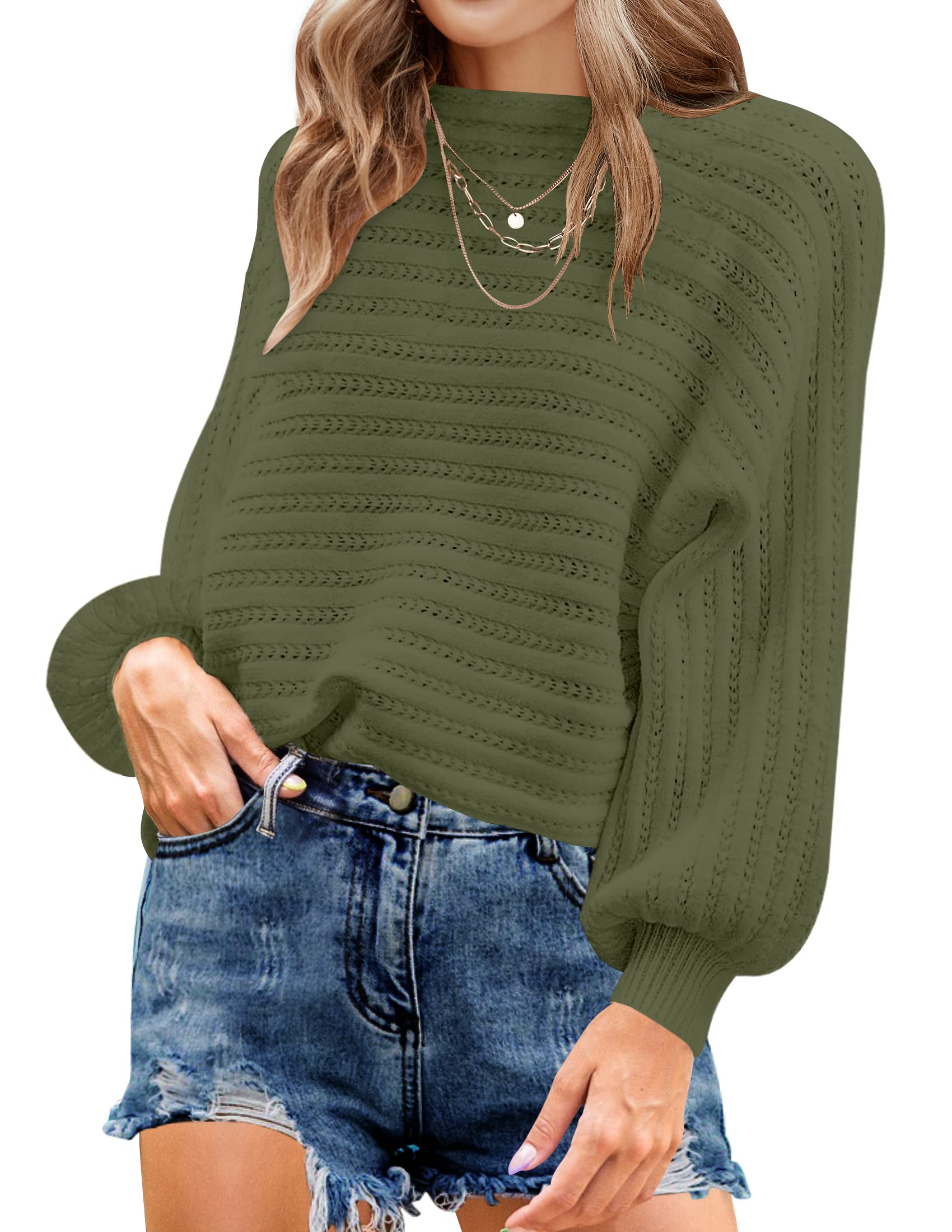 Luxuii Long Sleeve Crew Neck Cable Knit Loose Pullover Sweater