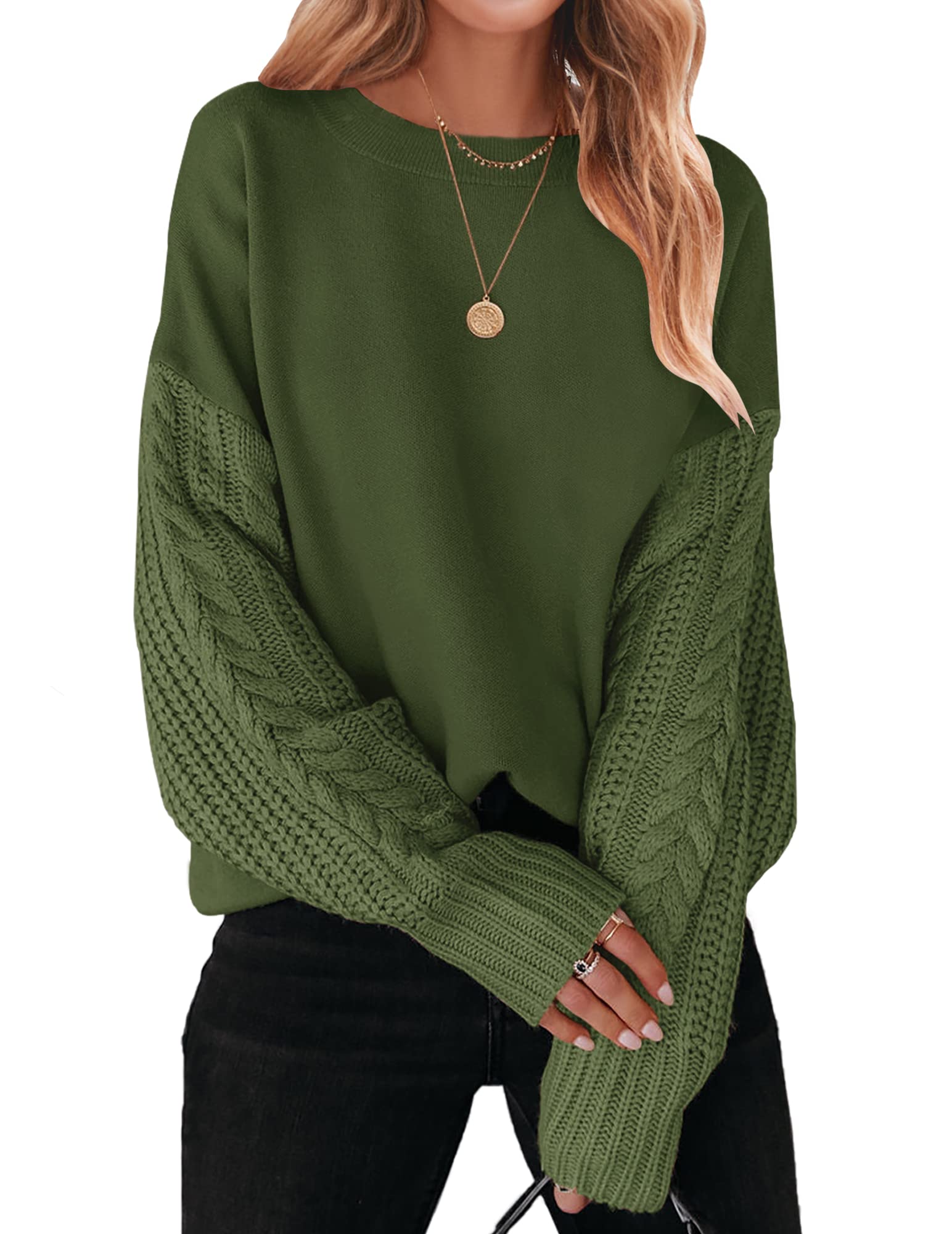 Luxuii Long Sleeve Crew Neck Cable Knit Sweater