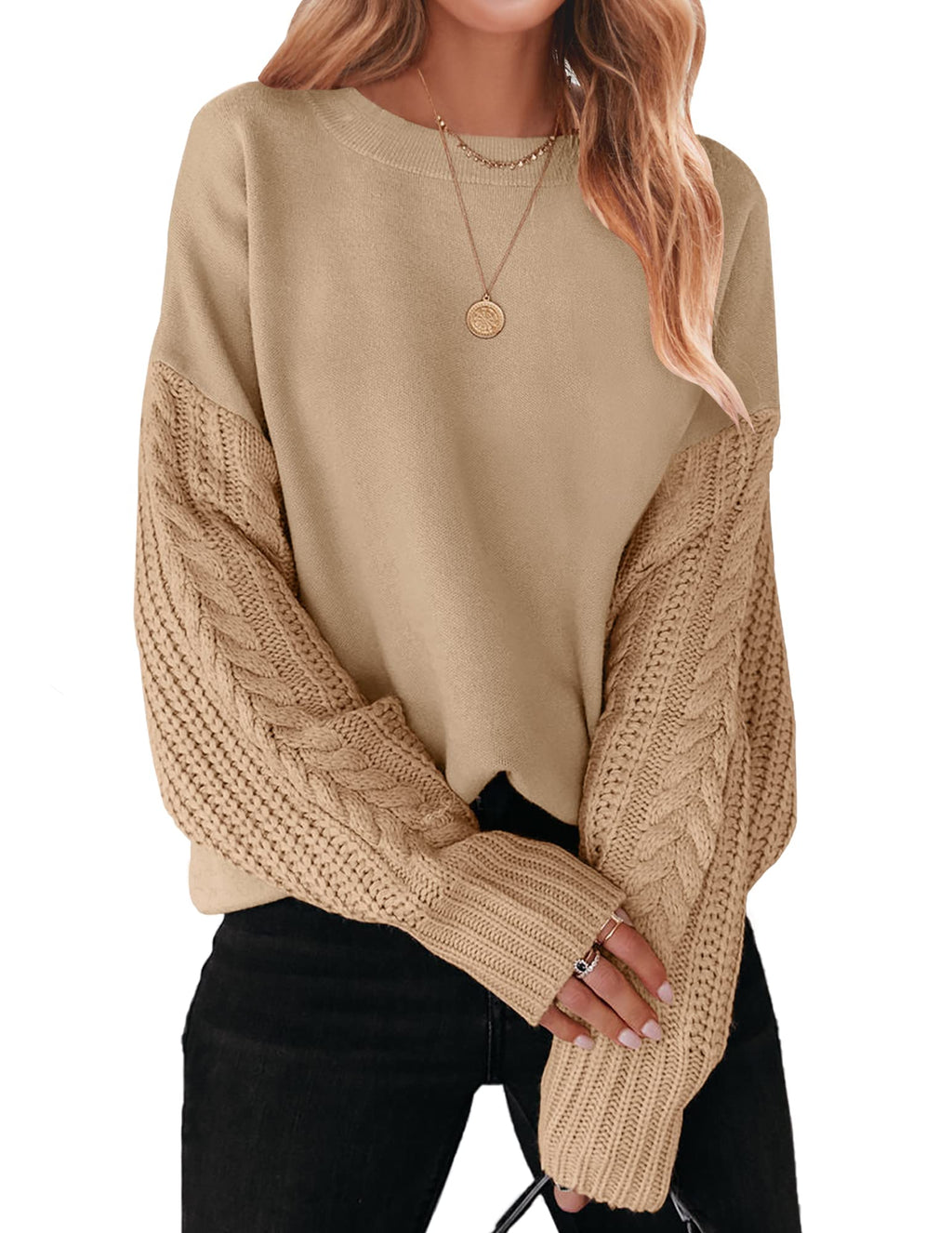 Luxuii Long Sleeve Crew Neck Cable Knit Sweater
