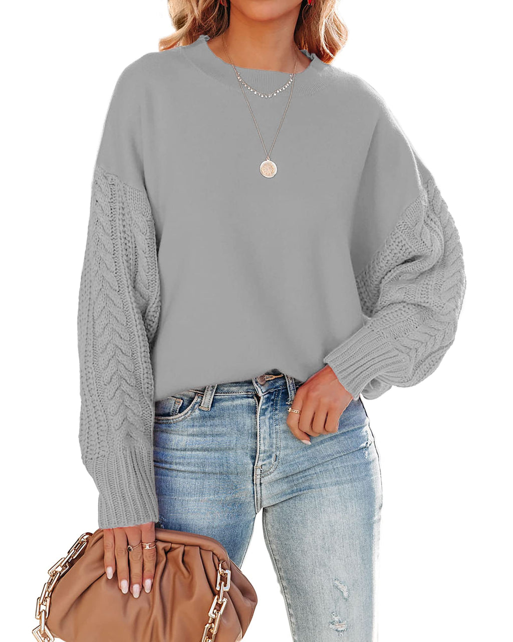 Luxuii Long Sleeve Crew Neck Cable Knit Sweater