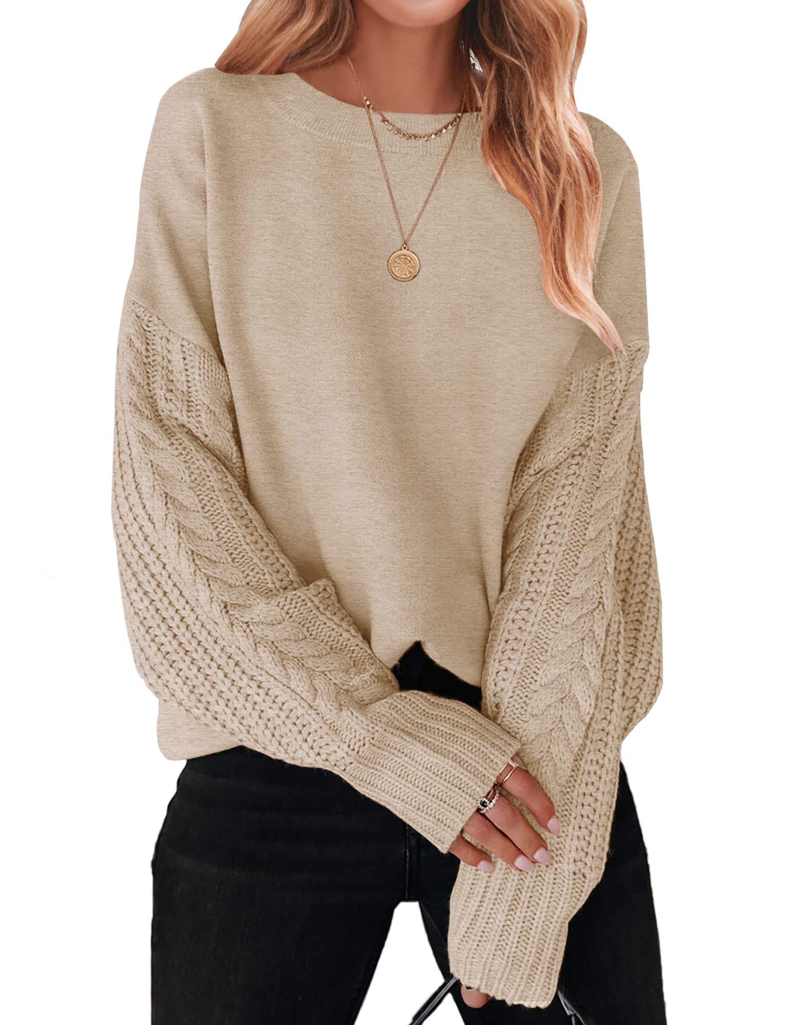 Luxuii Long Sleeve Crew Neck Cable Knit Sweater