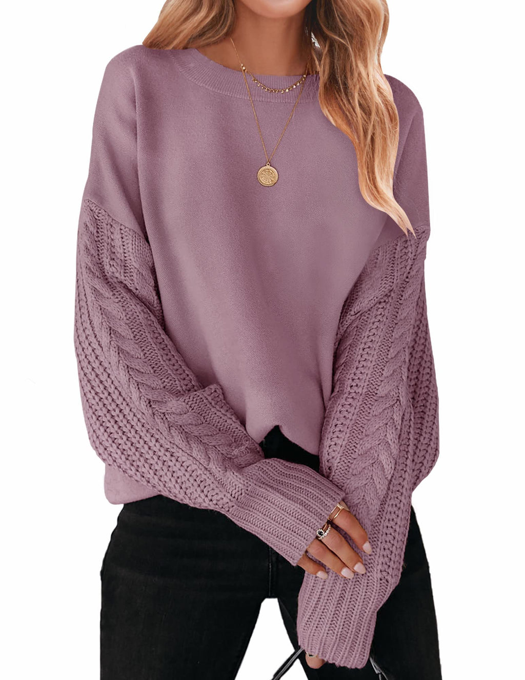Luxuii Long Sleeve Crew Neck Cable Knit Sweater