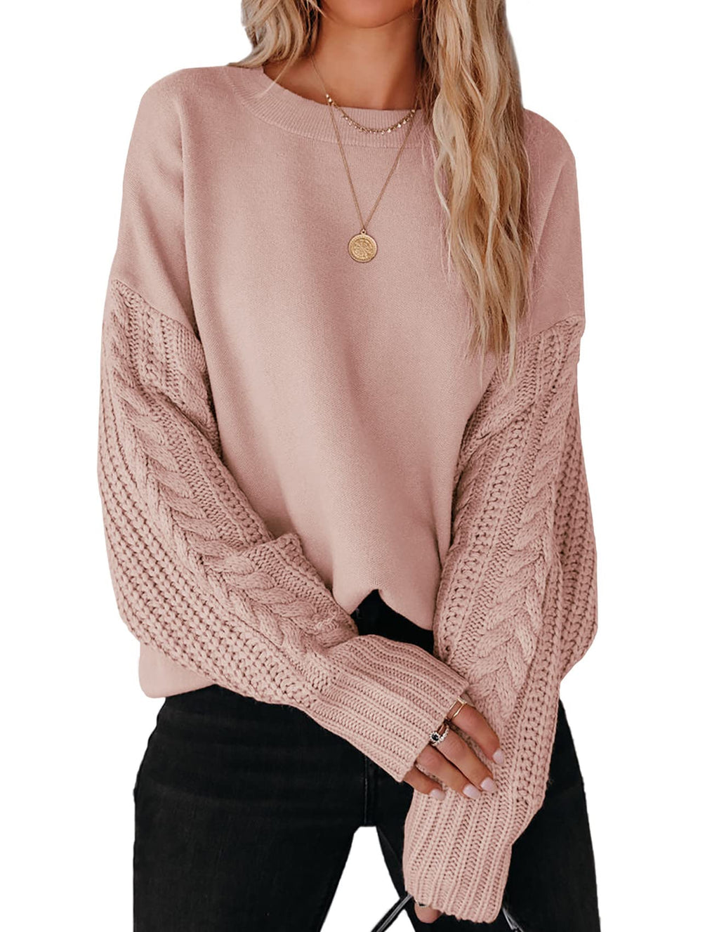 Luxuii Long Sleeve Crew Neck Cable Knit Sweater