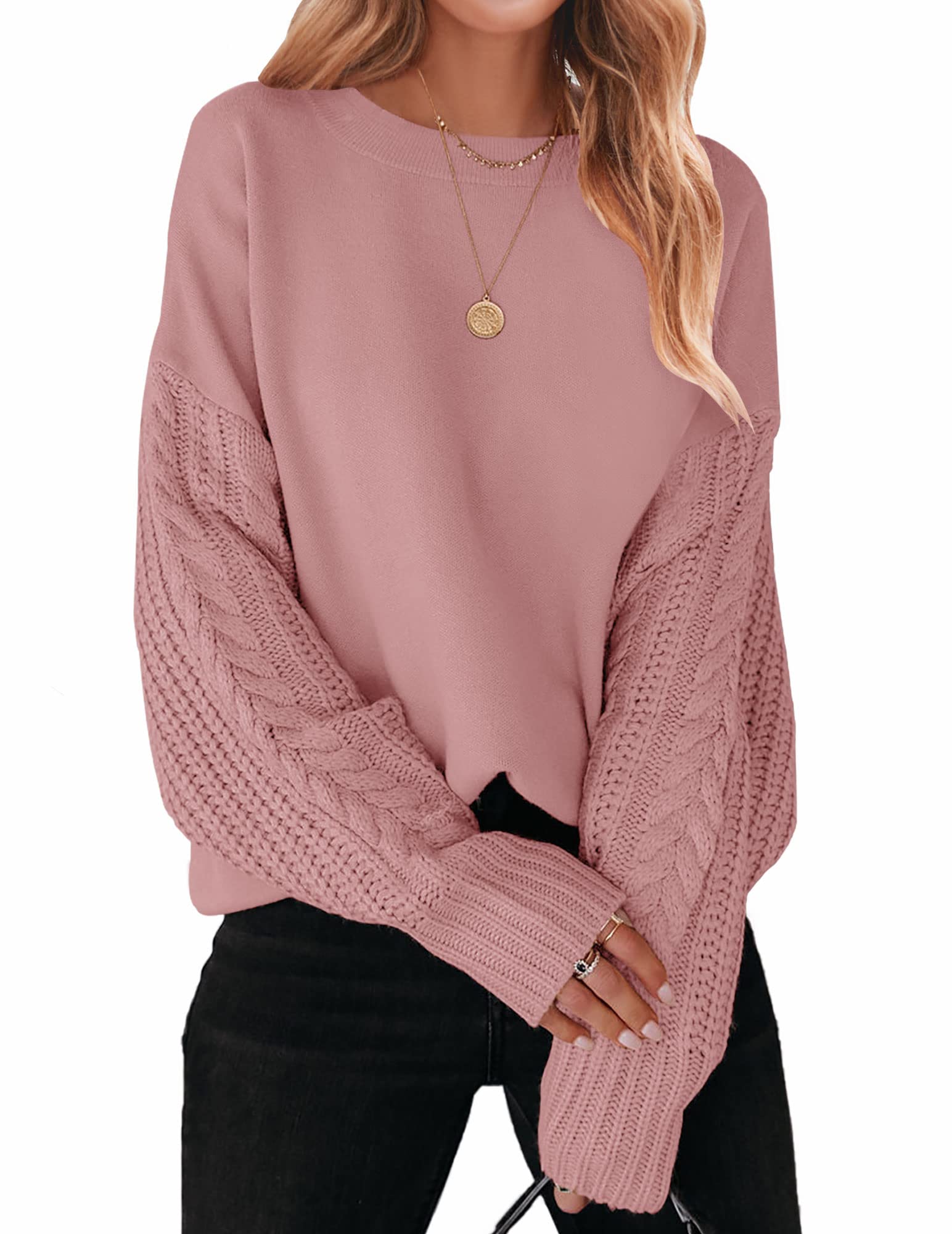 Luxuii Long Sleeve Crew Neck Cable Knit Sweater