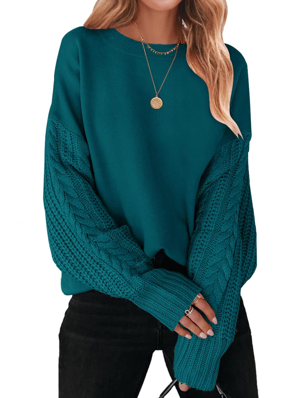 Luxuii Long Sleeve Crew Neck Cable Knit Sweater