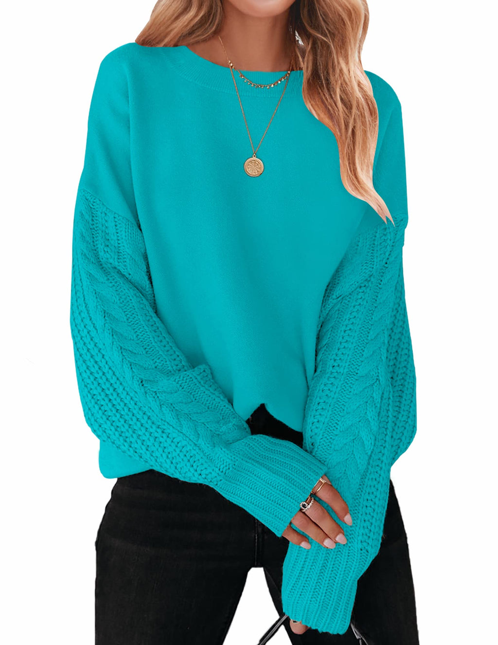 Luxuii Long Sleeve Crew Neck Cable Knit Sweater