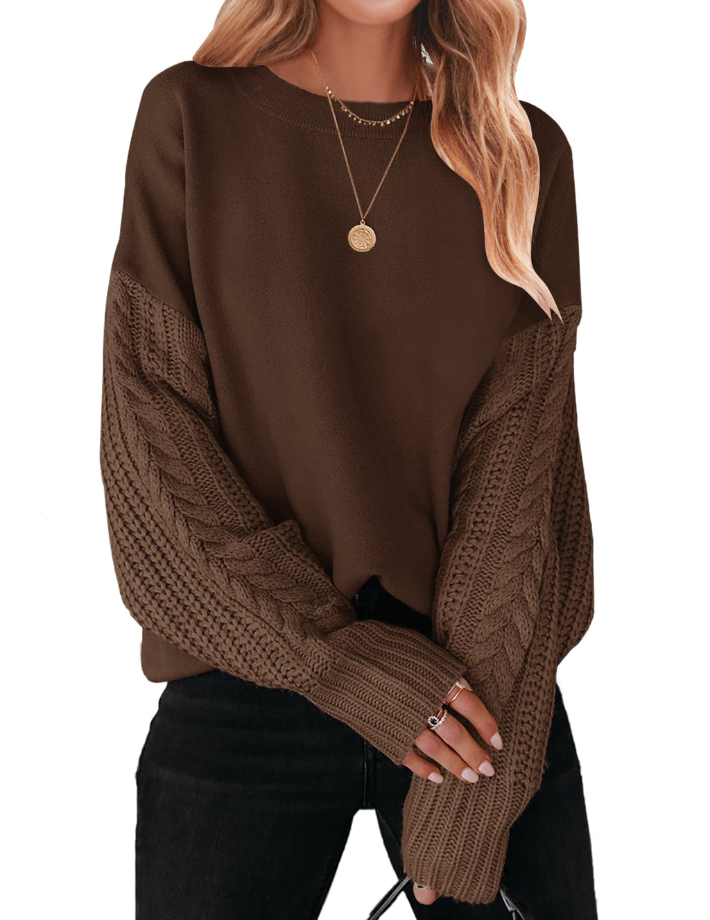 Luxuii Long Sleeve Crew Neck Cable Knit Sweater