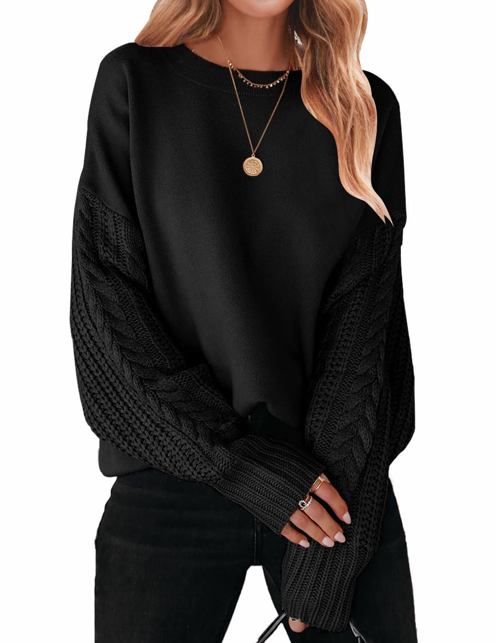 Luxuii Long Sleeve Crew Neck Cable Knit Sweater