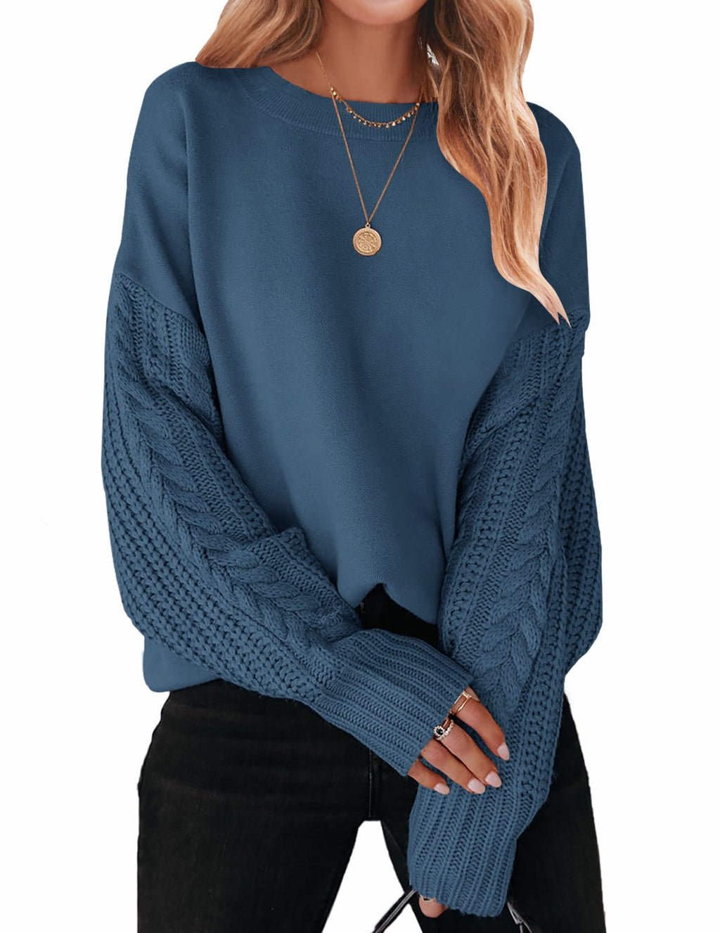 Luxuii Long Sleeve Crew Neck Cable Knit Sweater