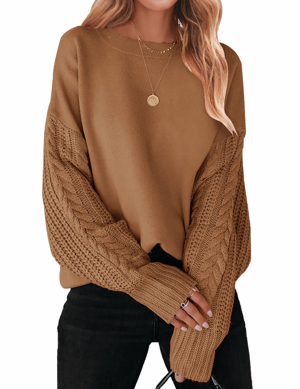 Luxuii Long Sleeve Crew Neck Cable Knit Sweater