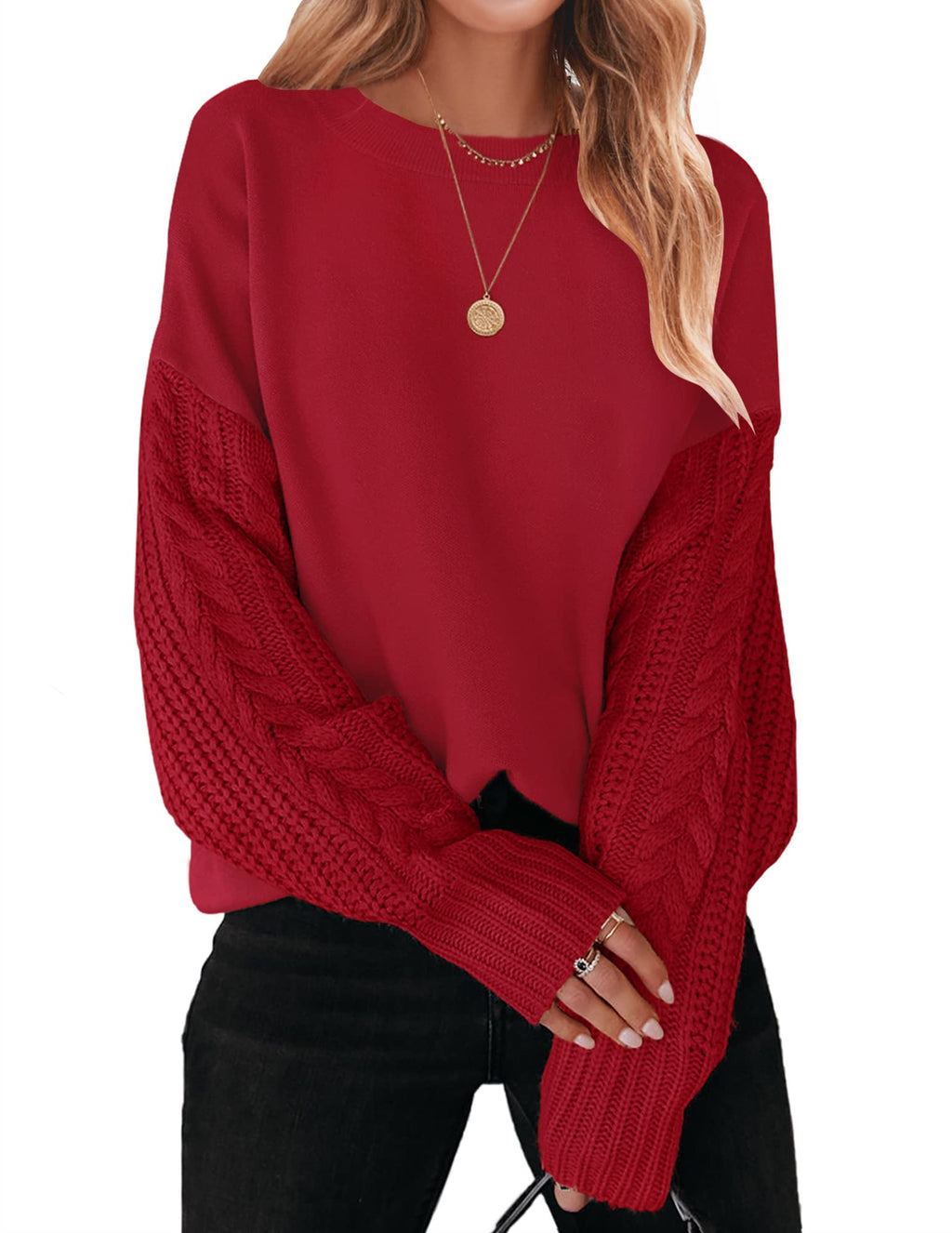 Luxuii Long Sleeve Crew Neck Cable Knit Sweater