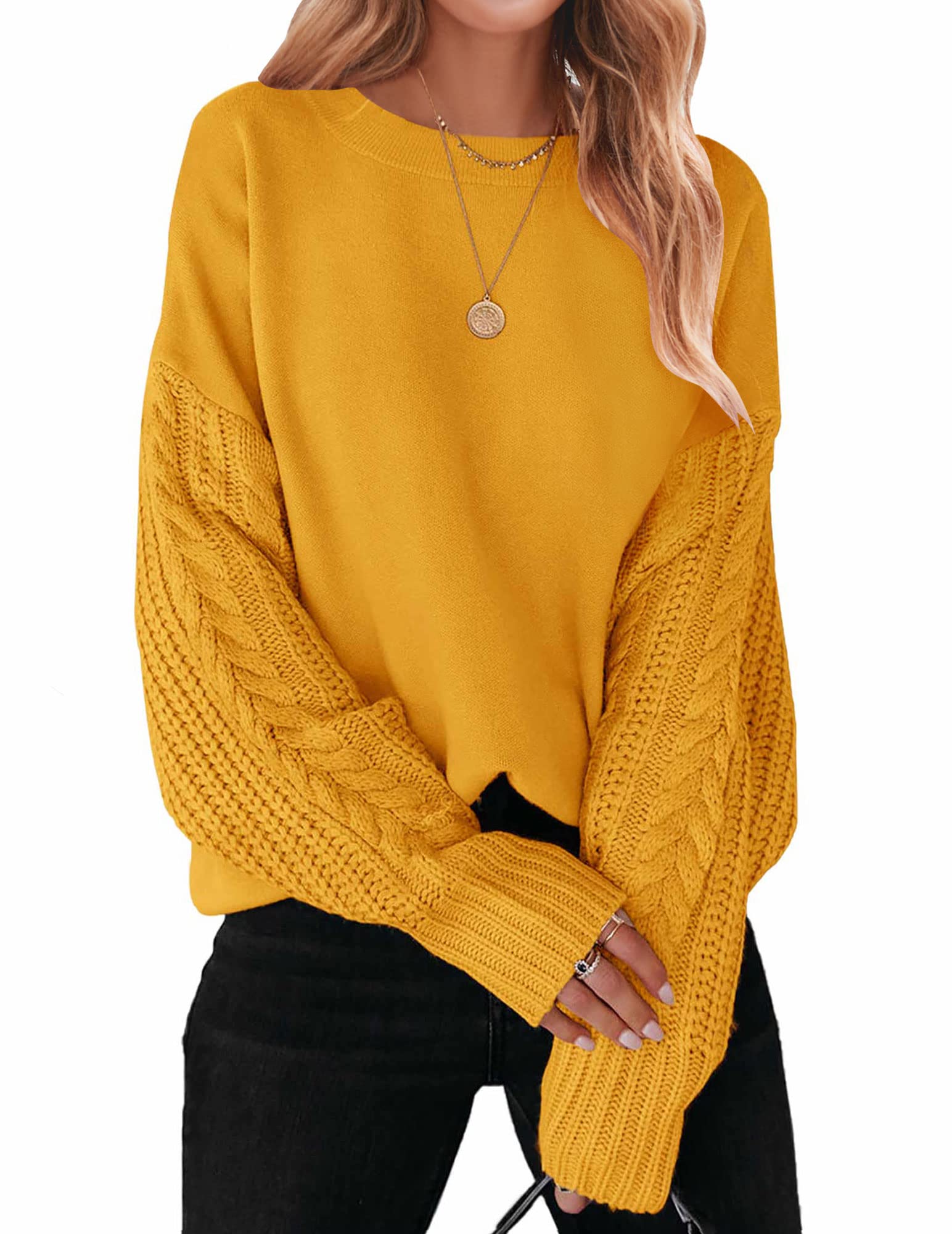 Luxuii Long Sleeve Crew Neck Cable Knit Sweater