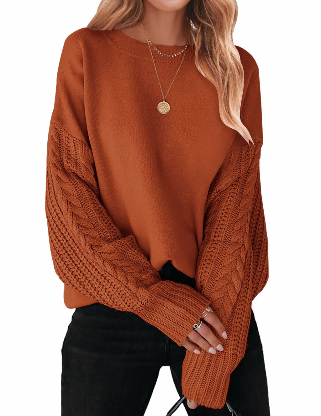 Luxuii Long Sleeve Crew Neck Cable Knit Sweater