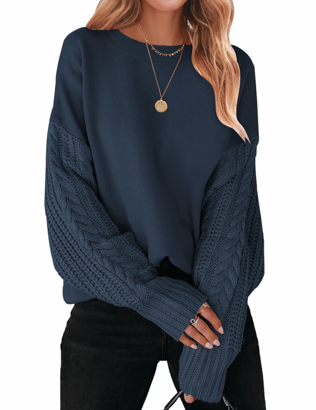 Luxuii Long Sleeve Crew Neck Cable Knit Sweater