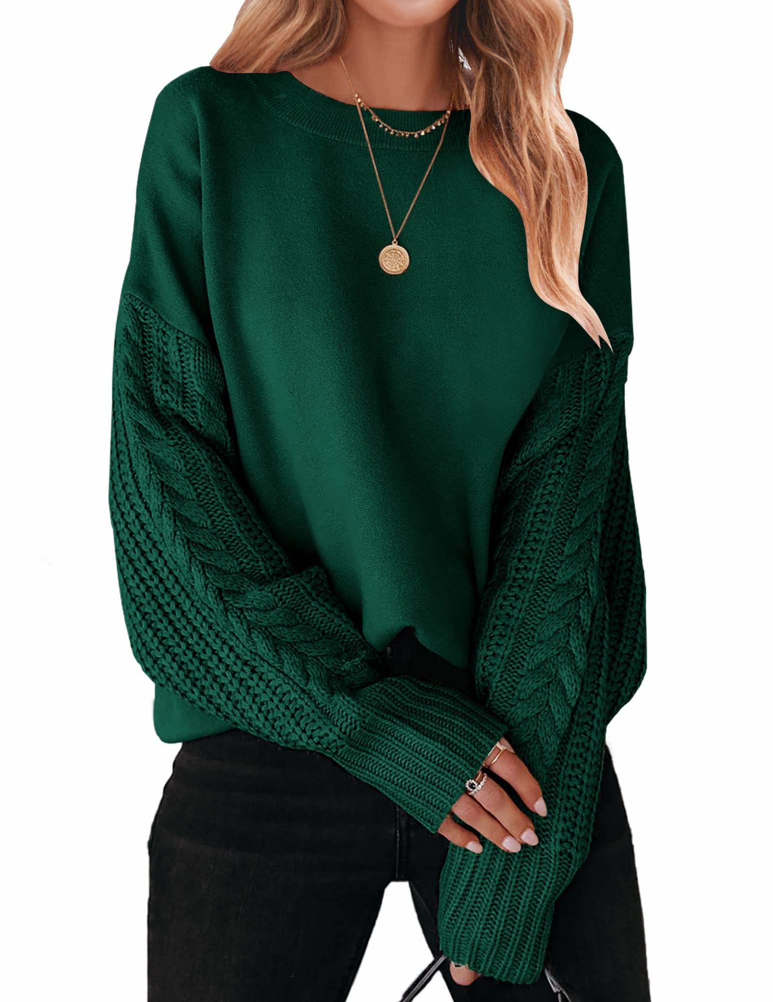 Luxuii Long Sleeve Crew Neck Cable Knit Sweater