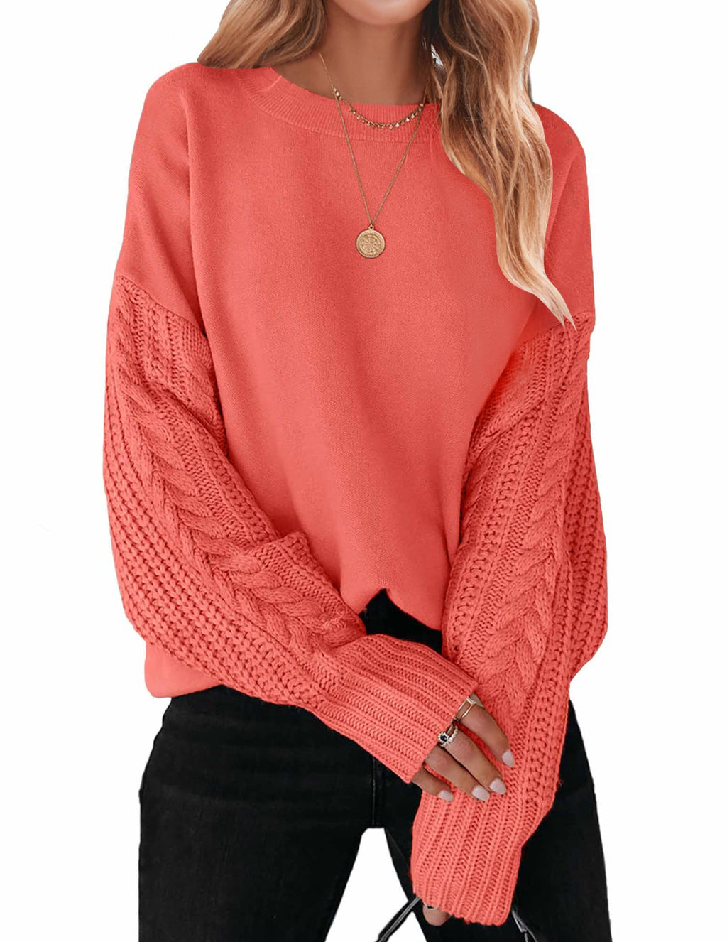 Luxuii Long Sleeve Crew Neck Cable Knit Sweater