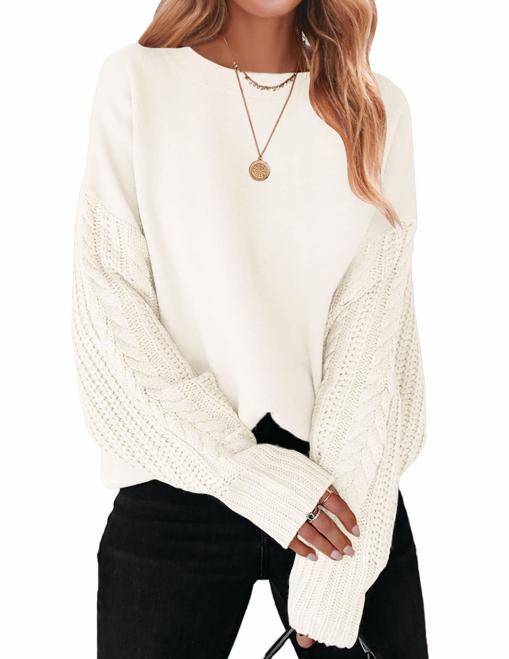 Luxuii Long Sleeve Crew Neck Cable Knit Sweater