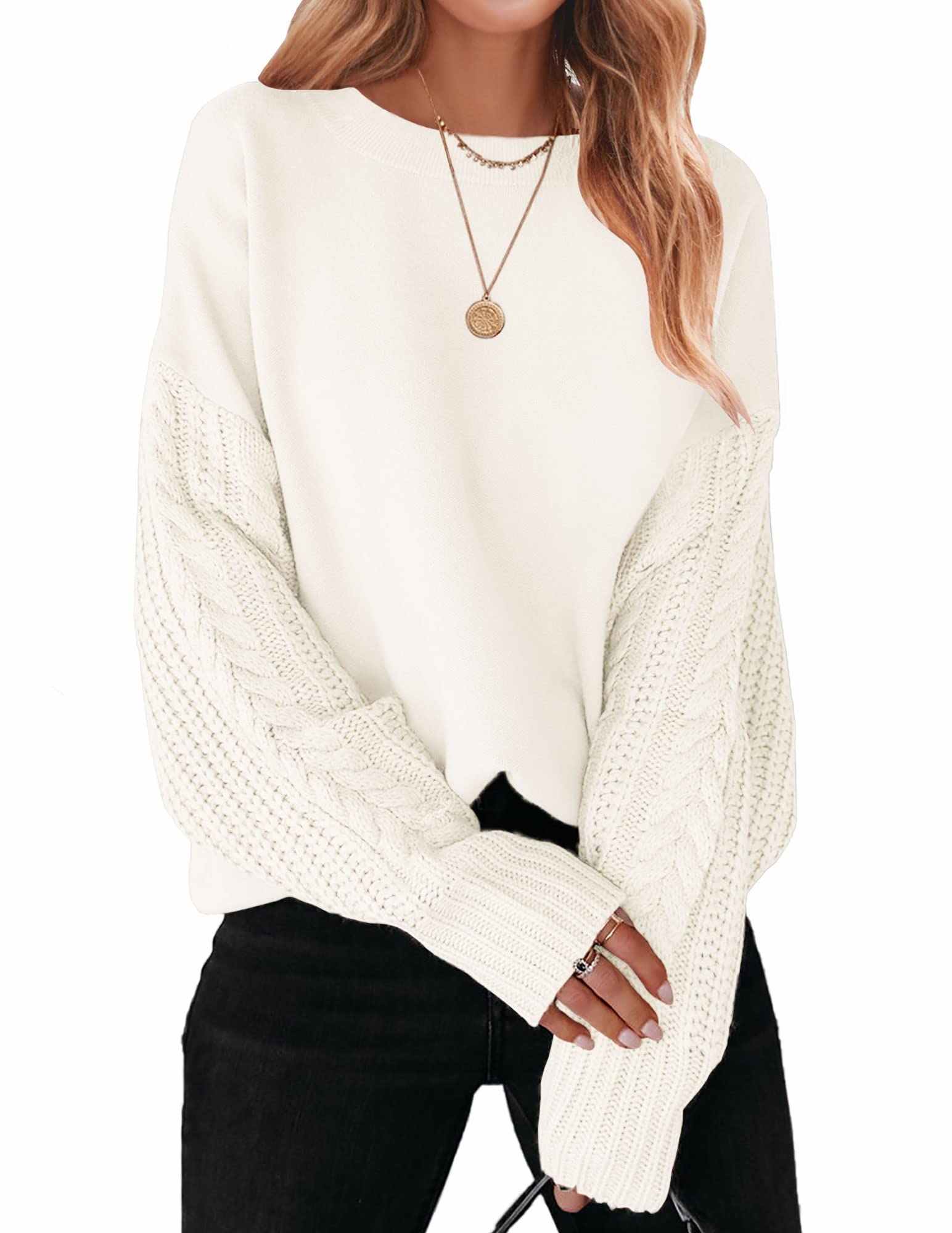 Luxuii Long Sleeve Crew Neck Cable Knit Sweater