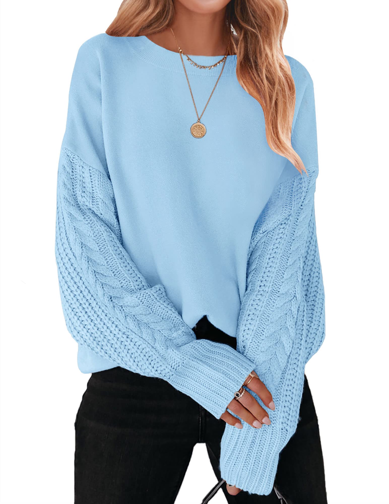 Luxuii Long Sleeve Crew Neck Cable Knit Sweater