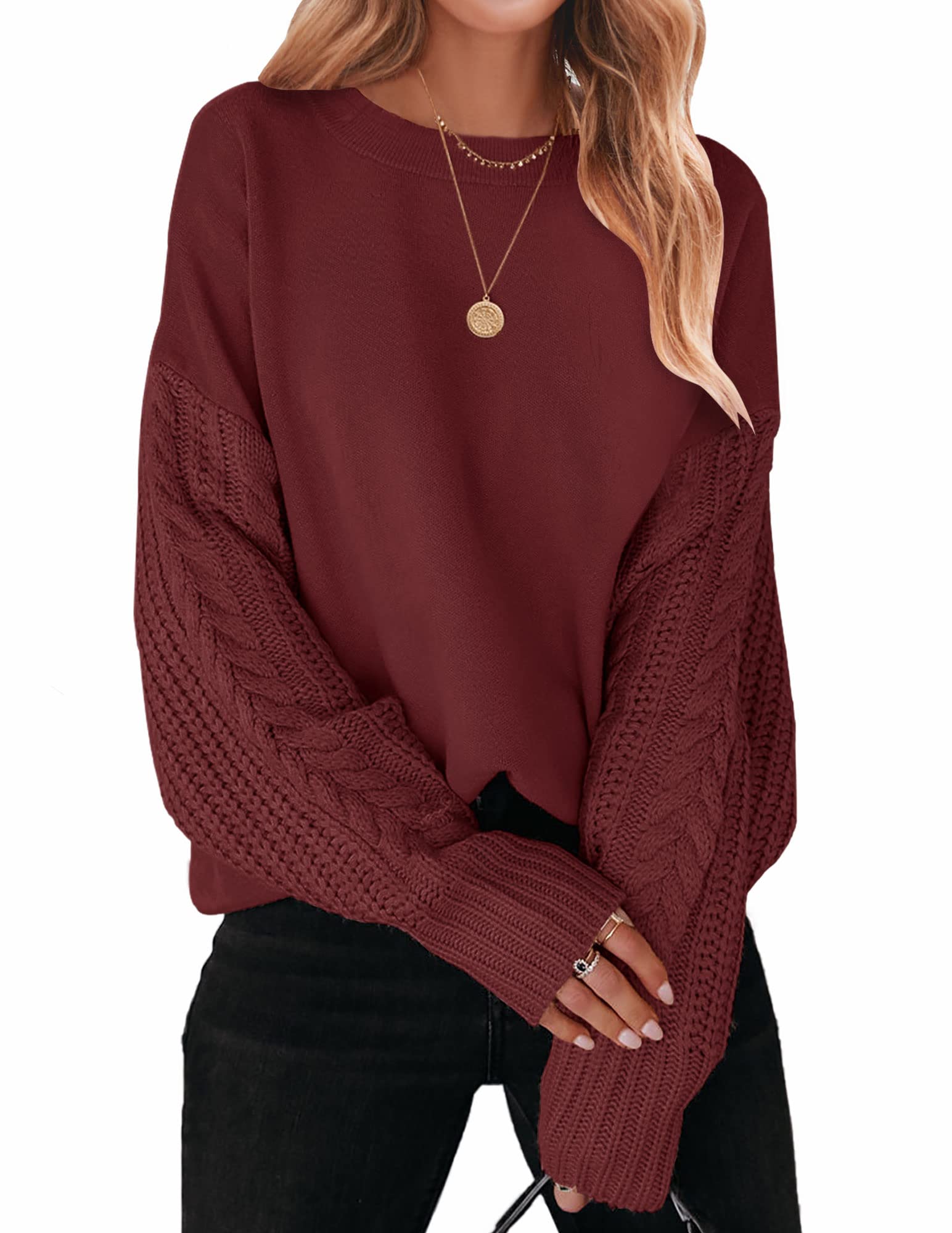 Luxuii Long Sleeve Crew Neck Cable Knit Sweater