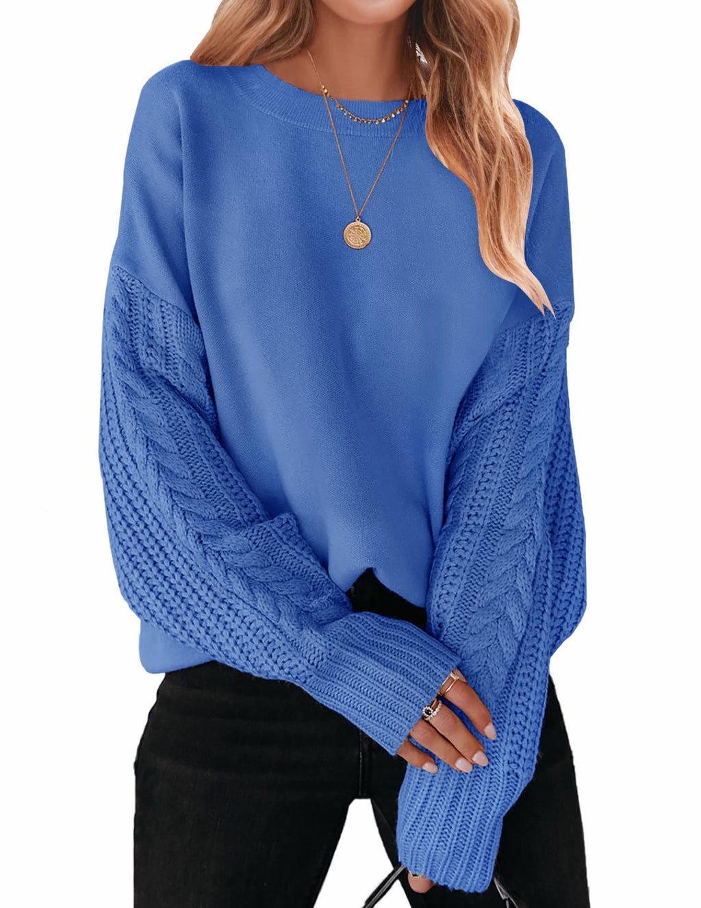 Luxuii Long Sleeve Crew Neck Cable Knit Sweater