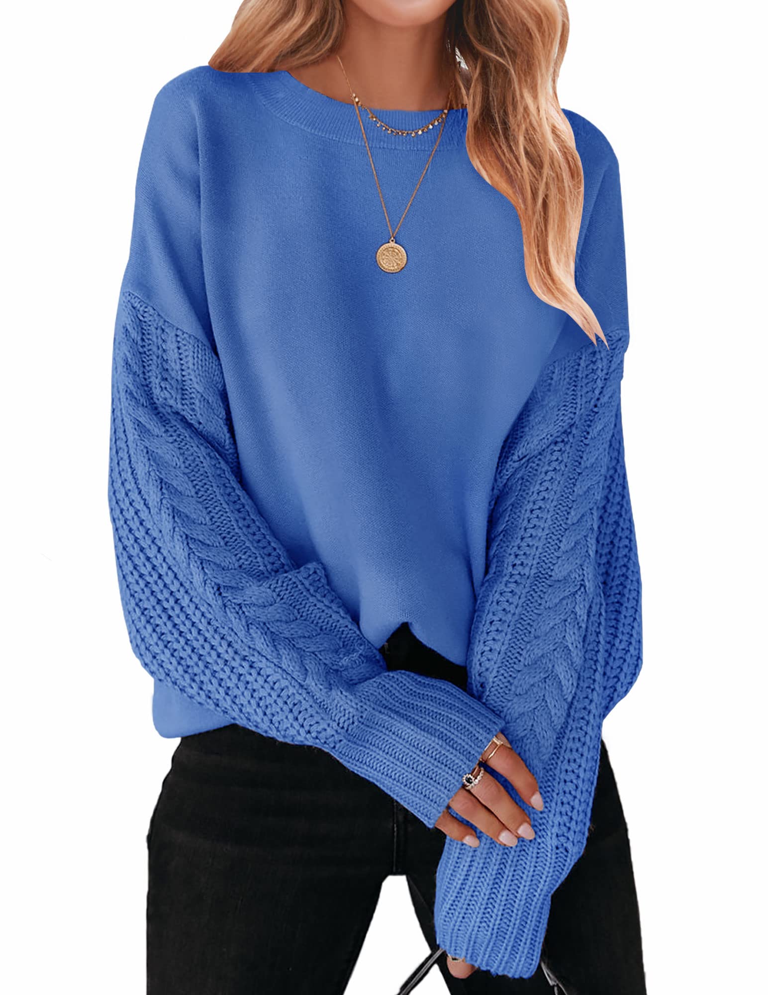 Luxuii Long Sleeve Crew Neck Cable Knit Sweater