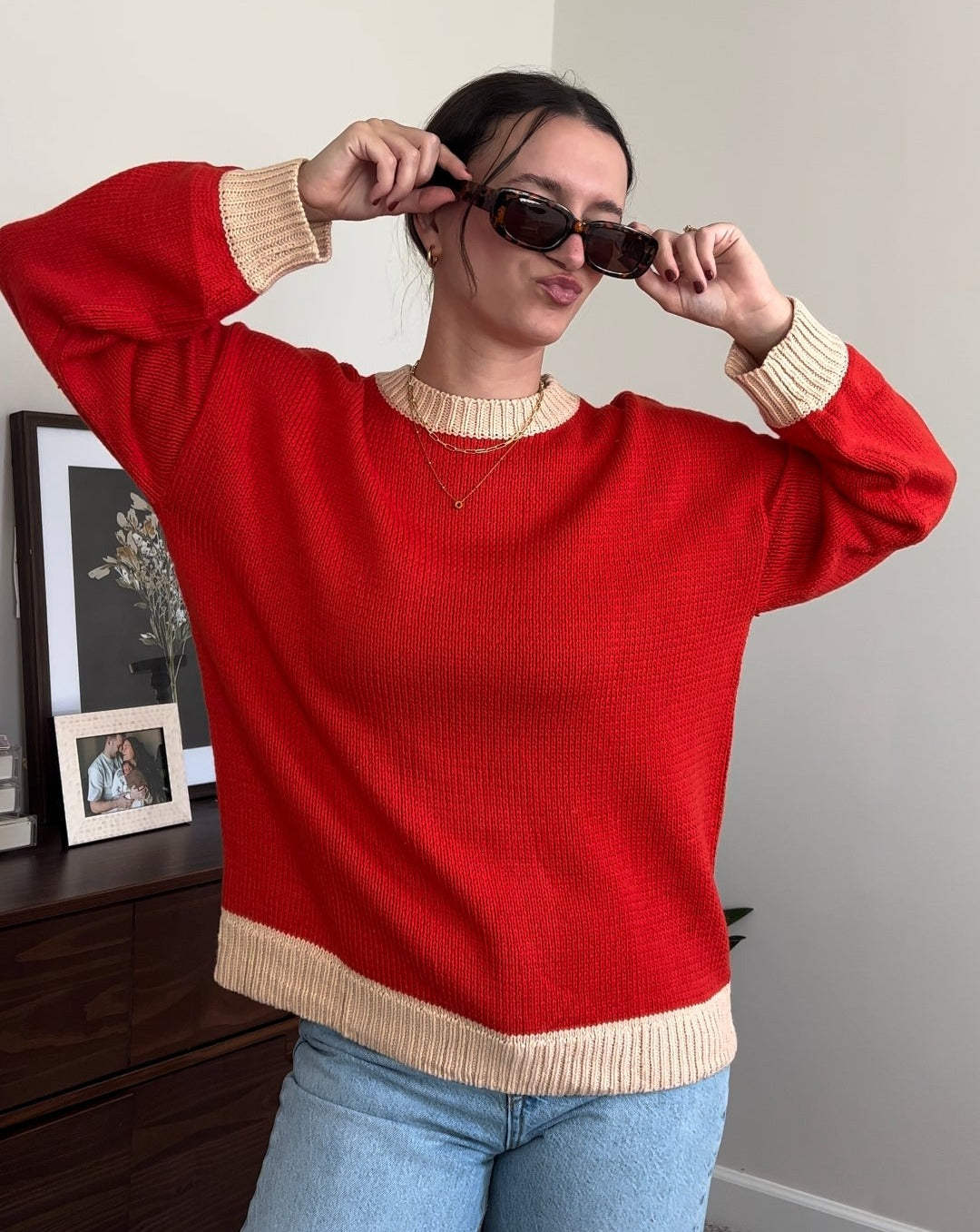 Luxuii Long Sleeve Crew Neck Contrast Color Loose Sweater Top