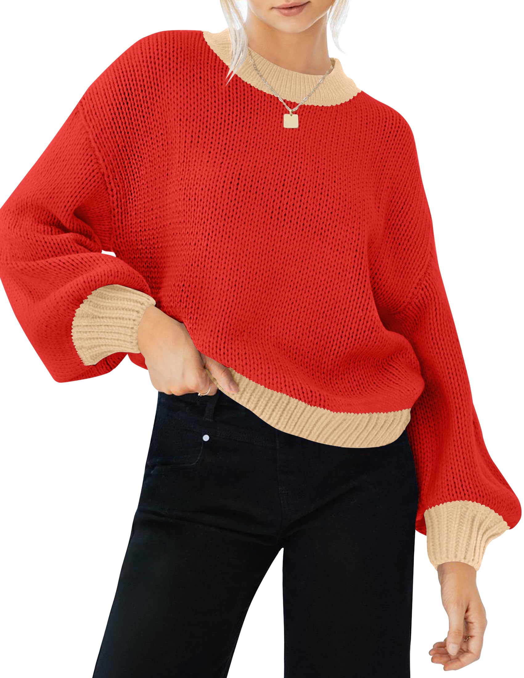 Luxuii Long Sleeve Crew Neck Contrast Color Loose Sweater Top