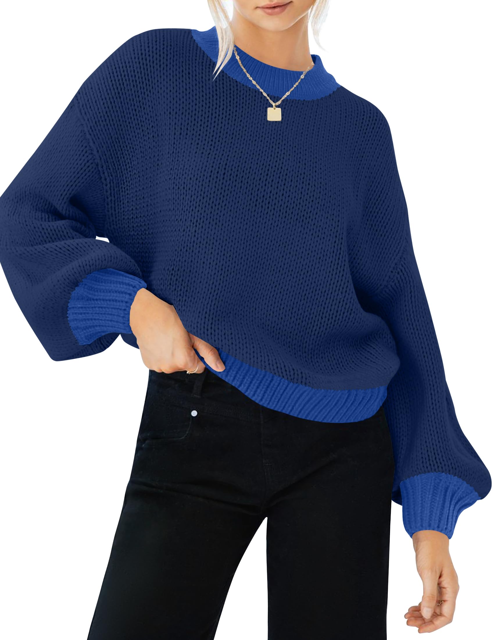 Luxuii Long Sleeve Crew Neck Contrast Color Loose Sweater Top