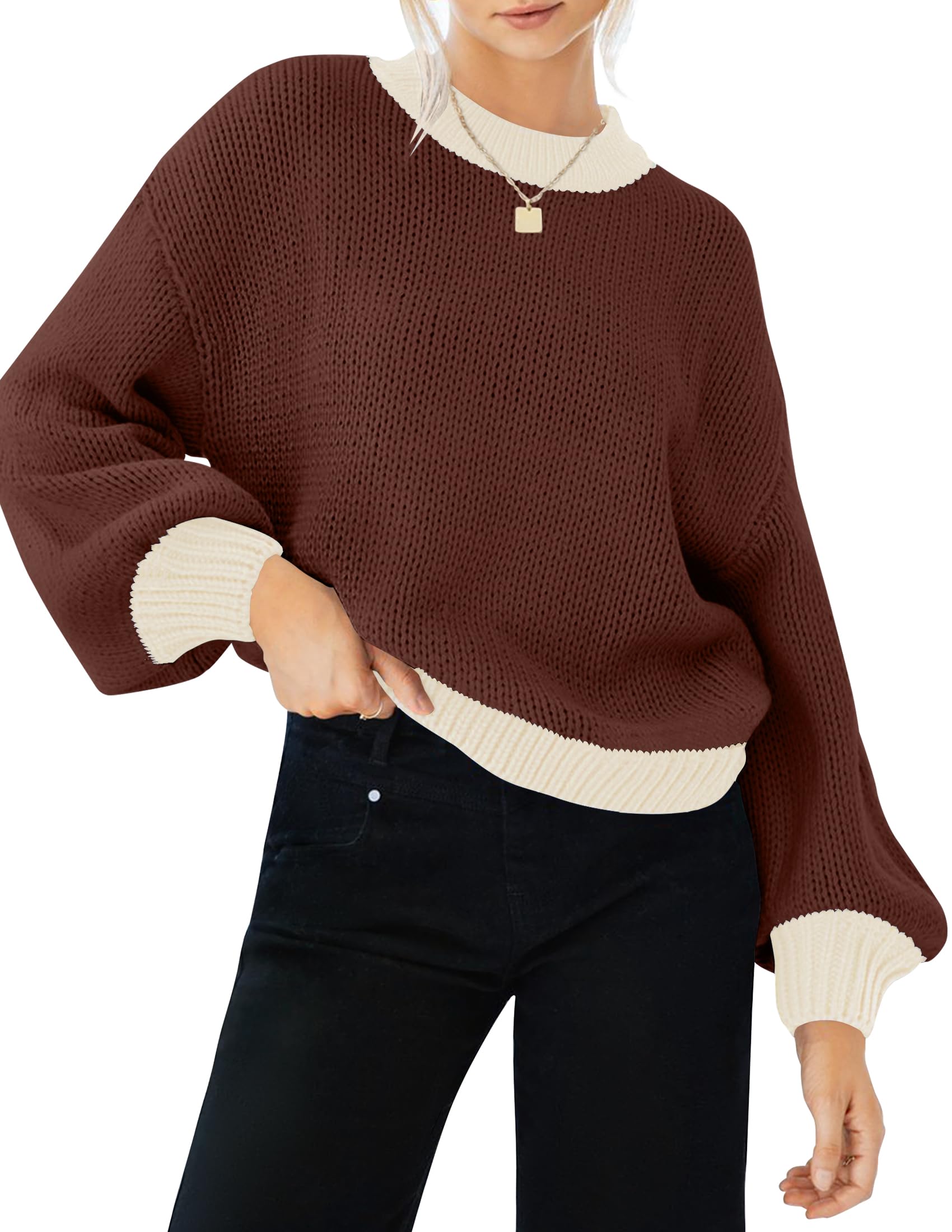 Luxuii Long Sleeve Crew Neck Contrast Color Loose Sweater Top