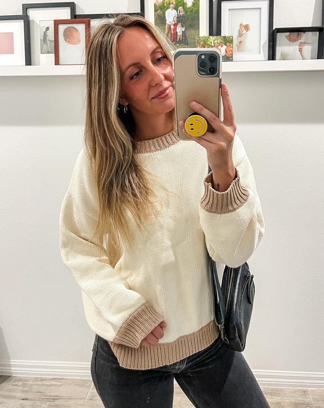 Luxuii Long Sleeve Crew Neck Contrast Color Loose Sweater Top