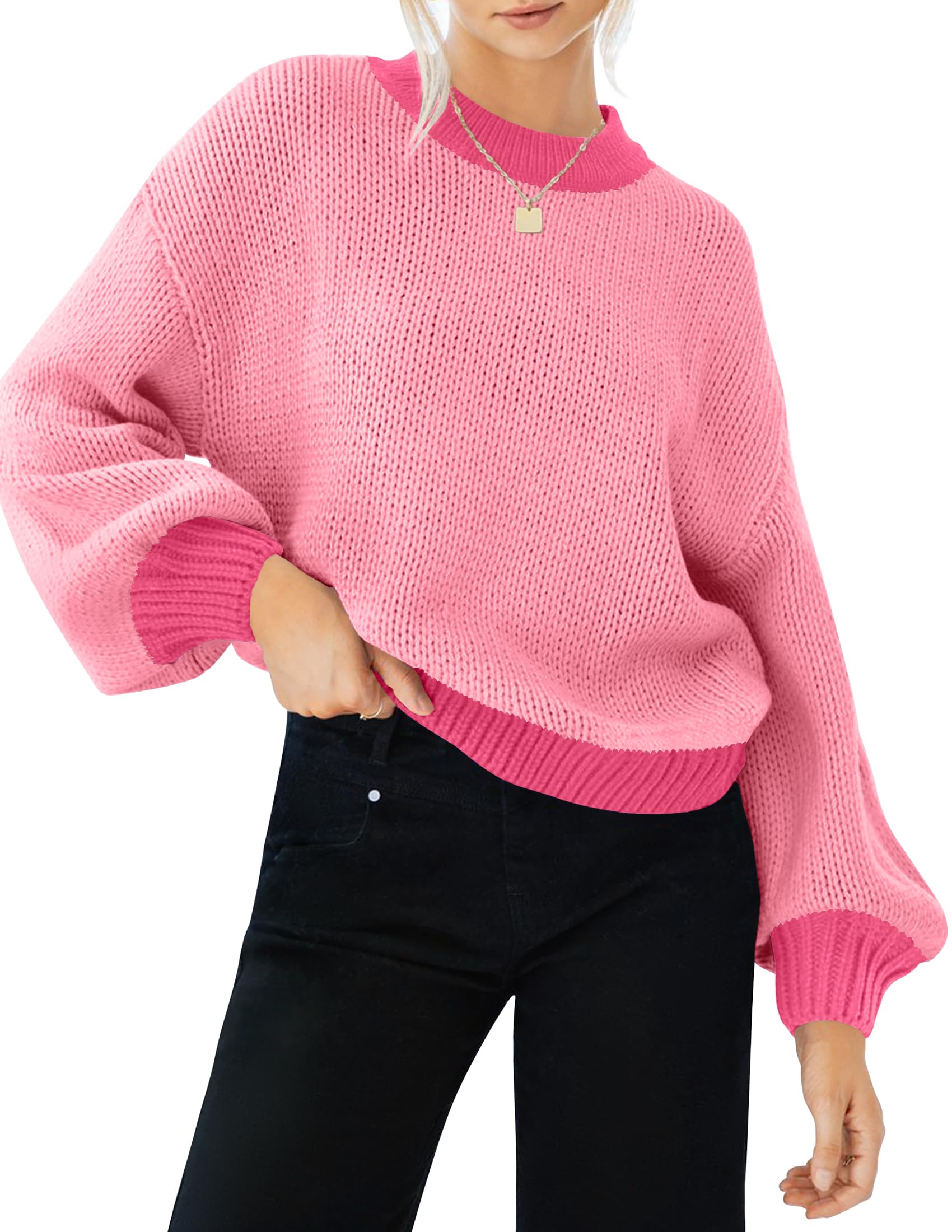 Luxuii Long Sleeve Crew Neck Contrast Color Loose Sweater Top