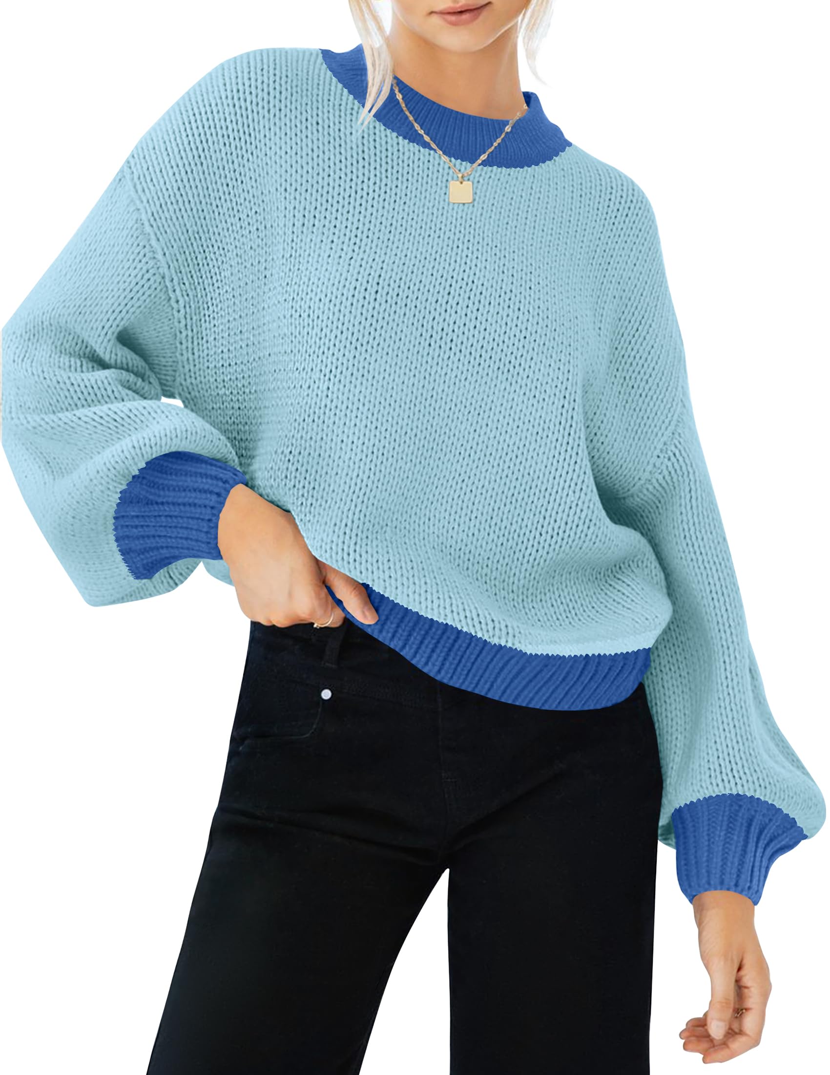 Luxuii Long Sleeve Crew Neck Contrast Color Loose Sweater Top