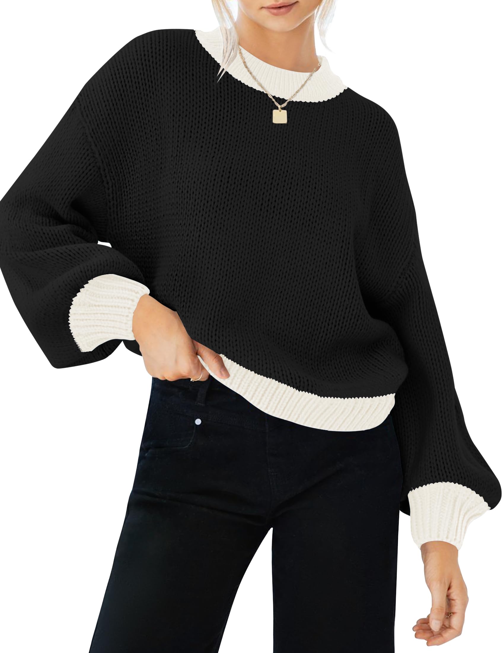 Luxuii Long Sleeve Crew Neck Contrast Color Loose Sweater Top
