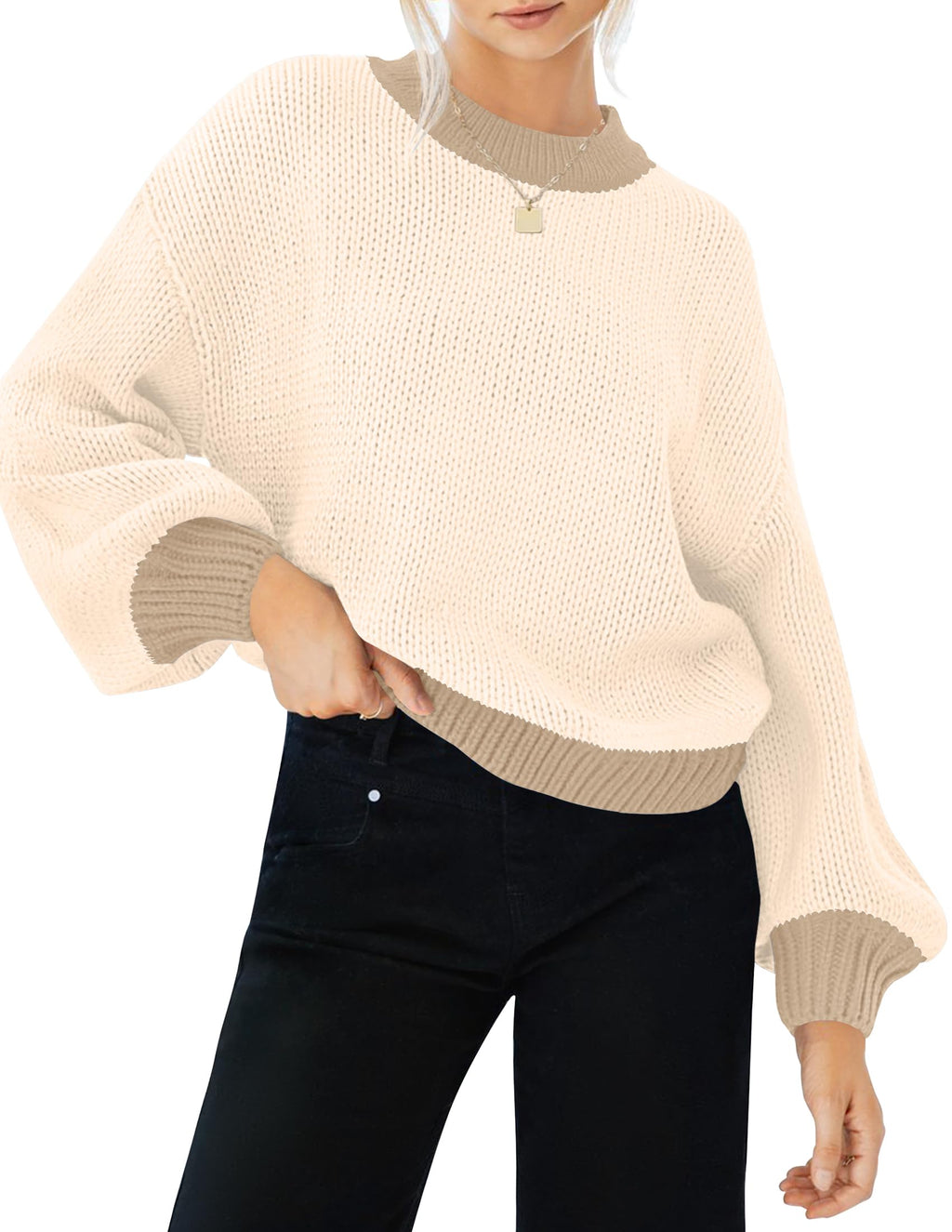 Luxuii Long Sleeve Crew Neck Contrast Color Loose Sweater Top