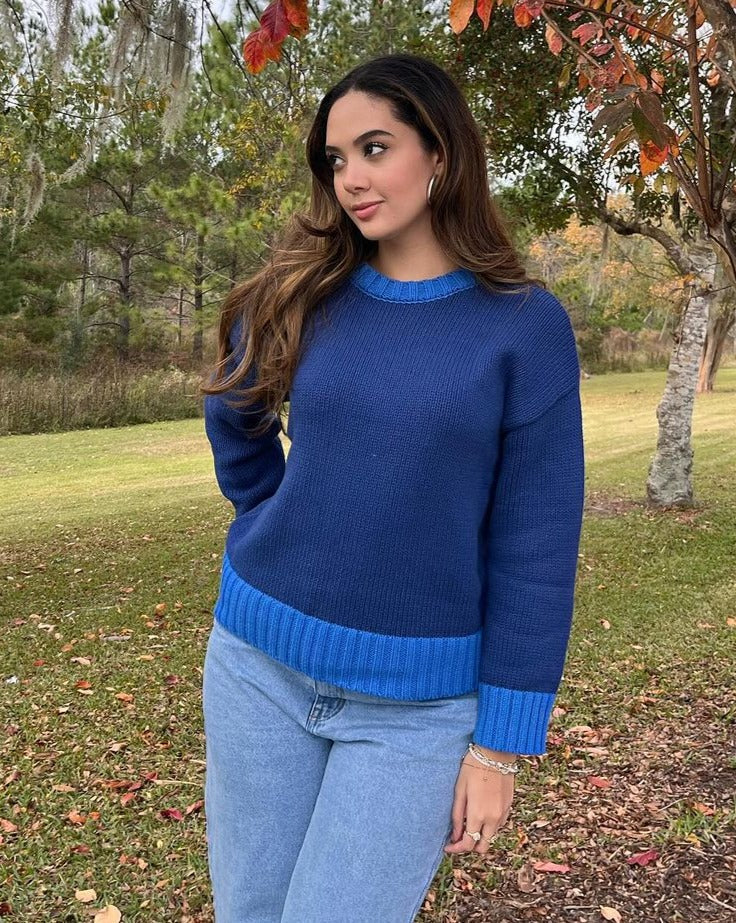 Luxuii Long Sleeve Crew Neck Contrast Color Loose Sweater Top