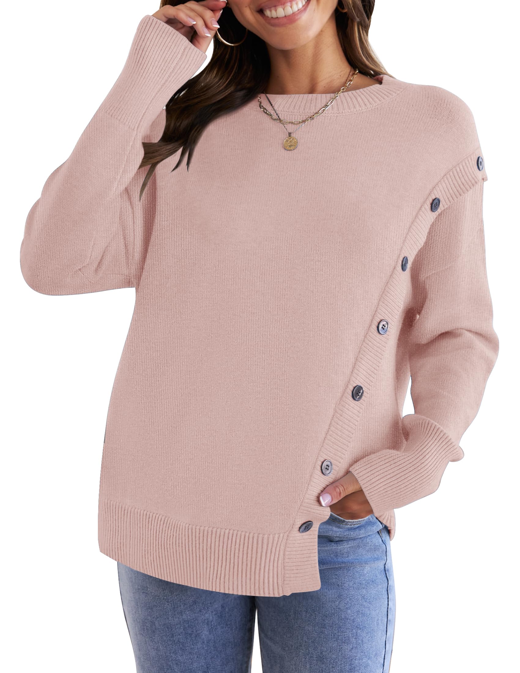 Luxuii Long Sleeve Crew Neck Pullover Button Sweater Top
