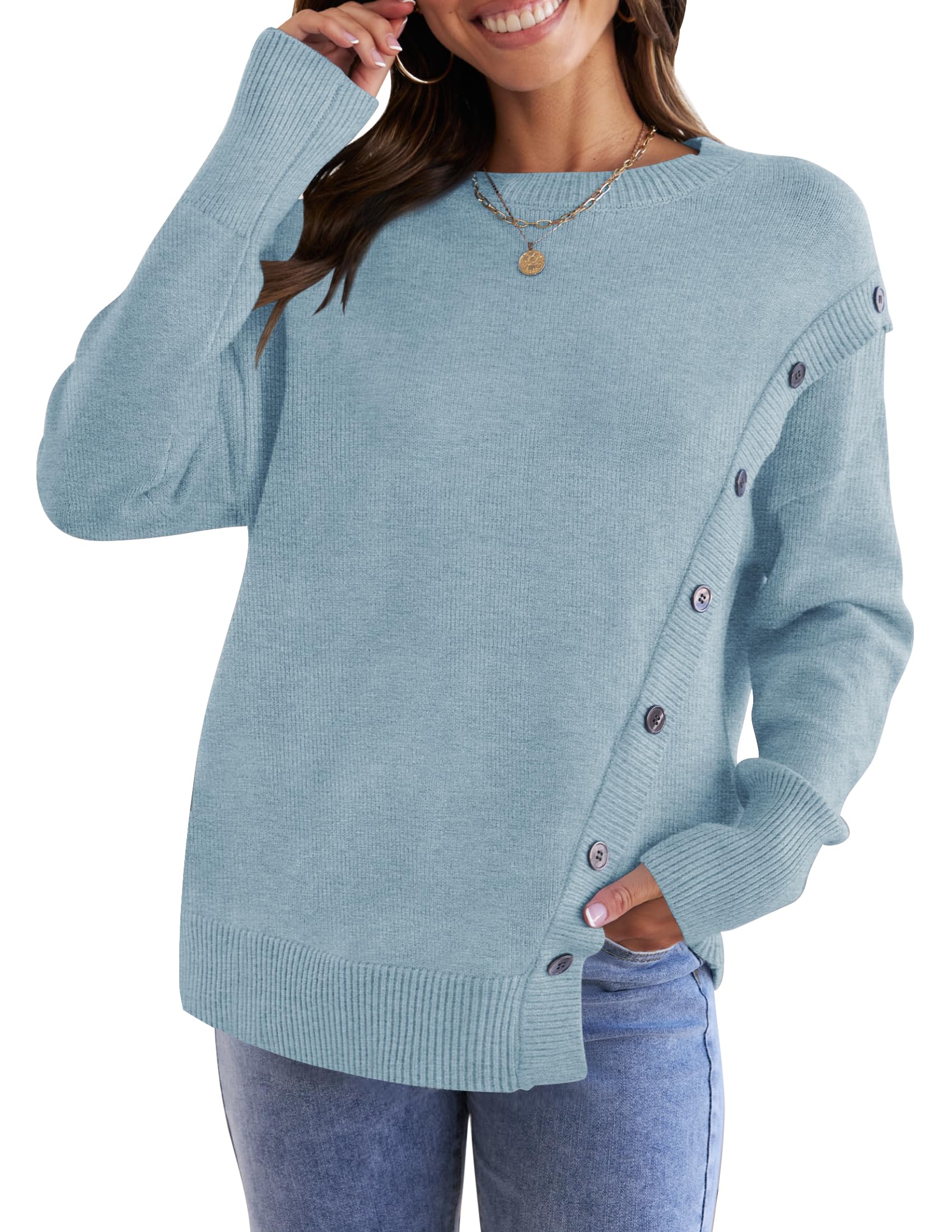Luxuii Long Sleeve Crew Neck Pullover Button Sweater Top