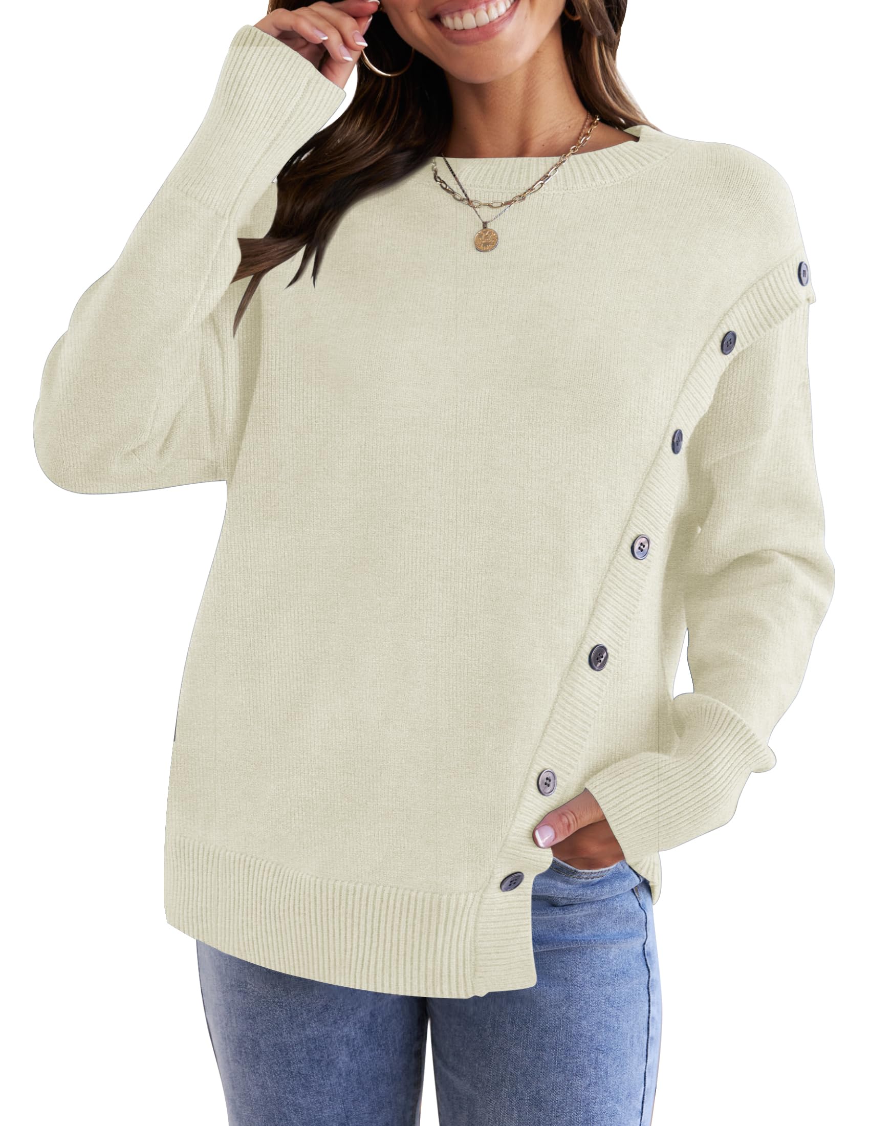 Luxuii Long Sleeve Crew Neck Pullover Button Sweater Top