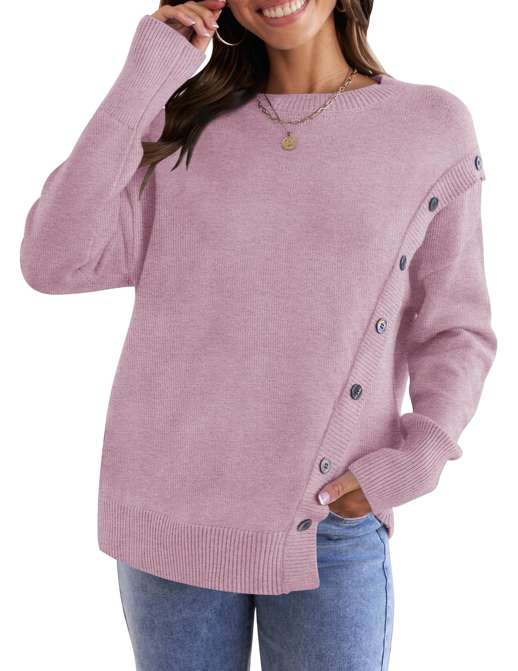 Luxuii Long Sleeve Crew Neck Pullover Button Sweater Top