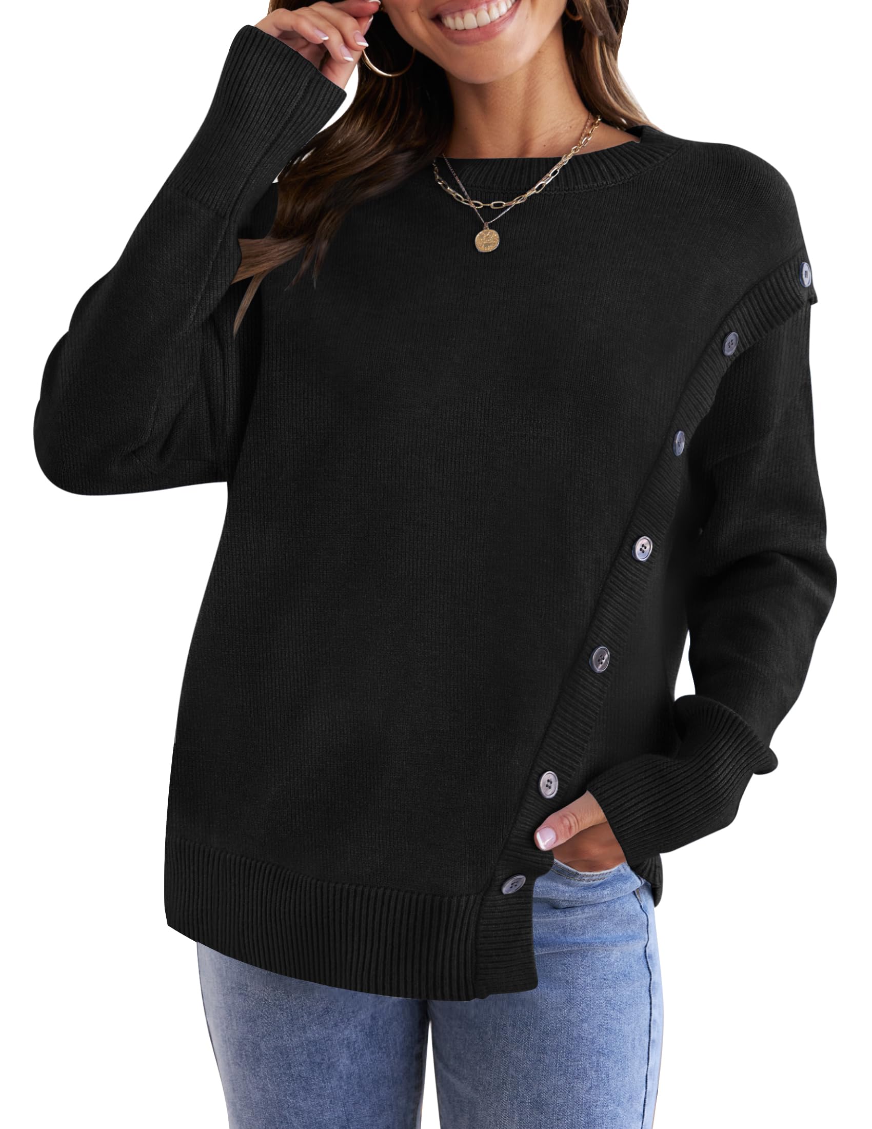 Luxuii Long Sleeve Crew Neck Pullover Button Sweater Top