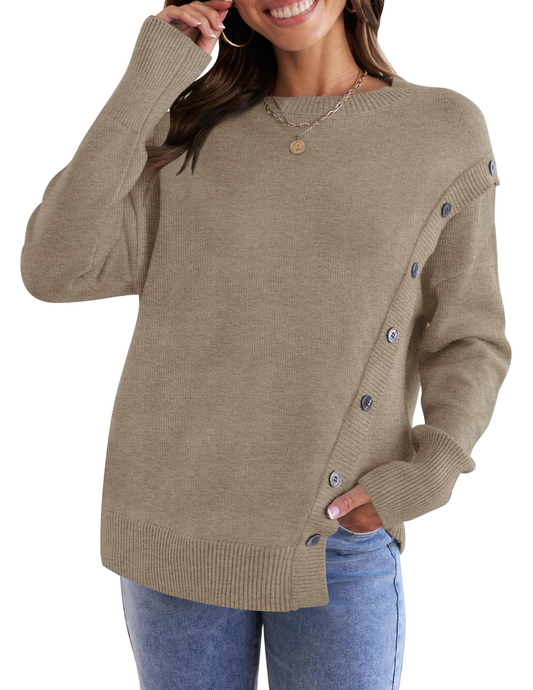 Luxuii Long Sleeve Crew Neck Pullover Button Sweater Top