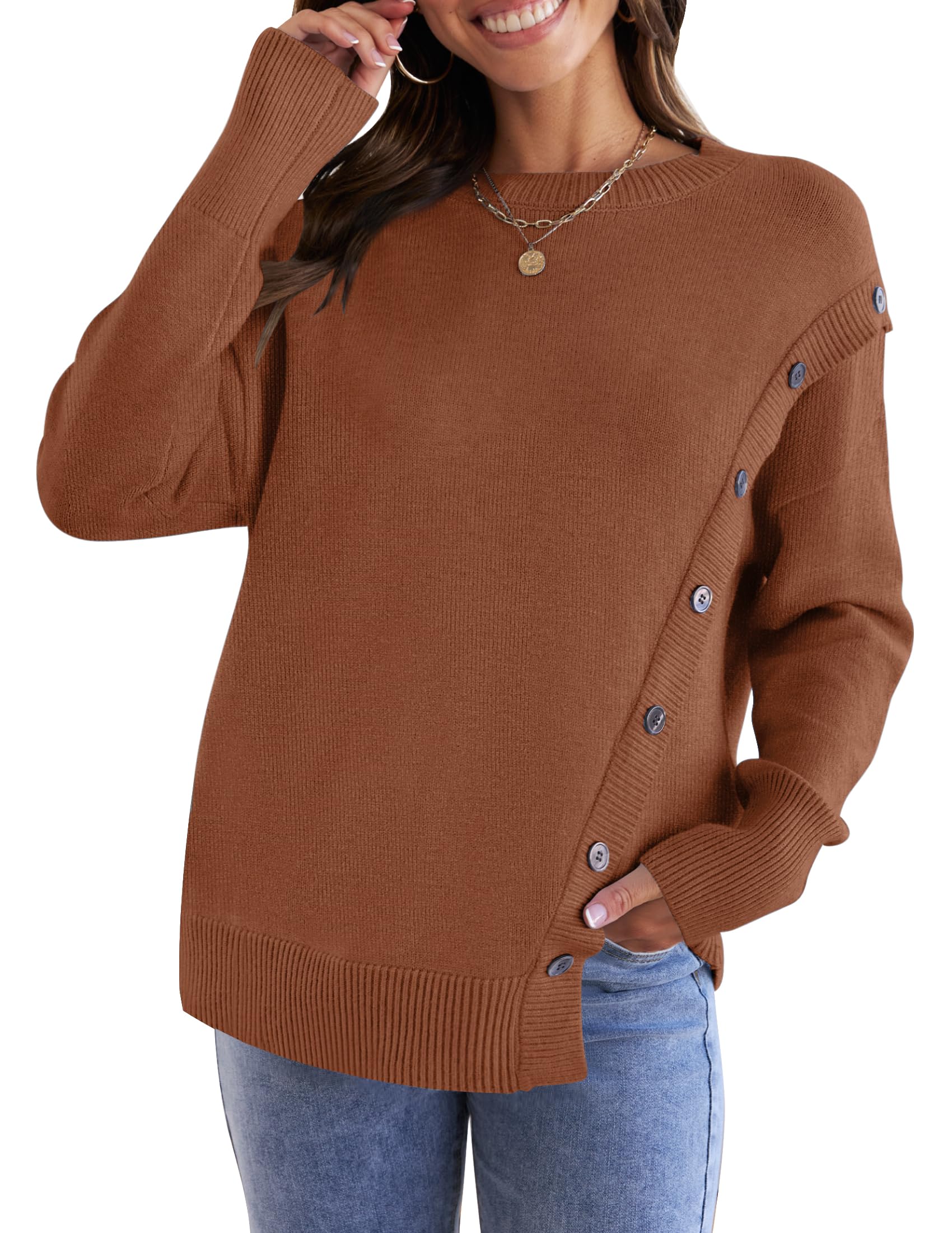 Luxuii Long Sleeve Crew Neck Pullover Button Sweater Top