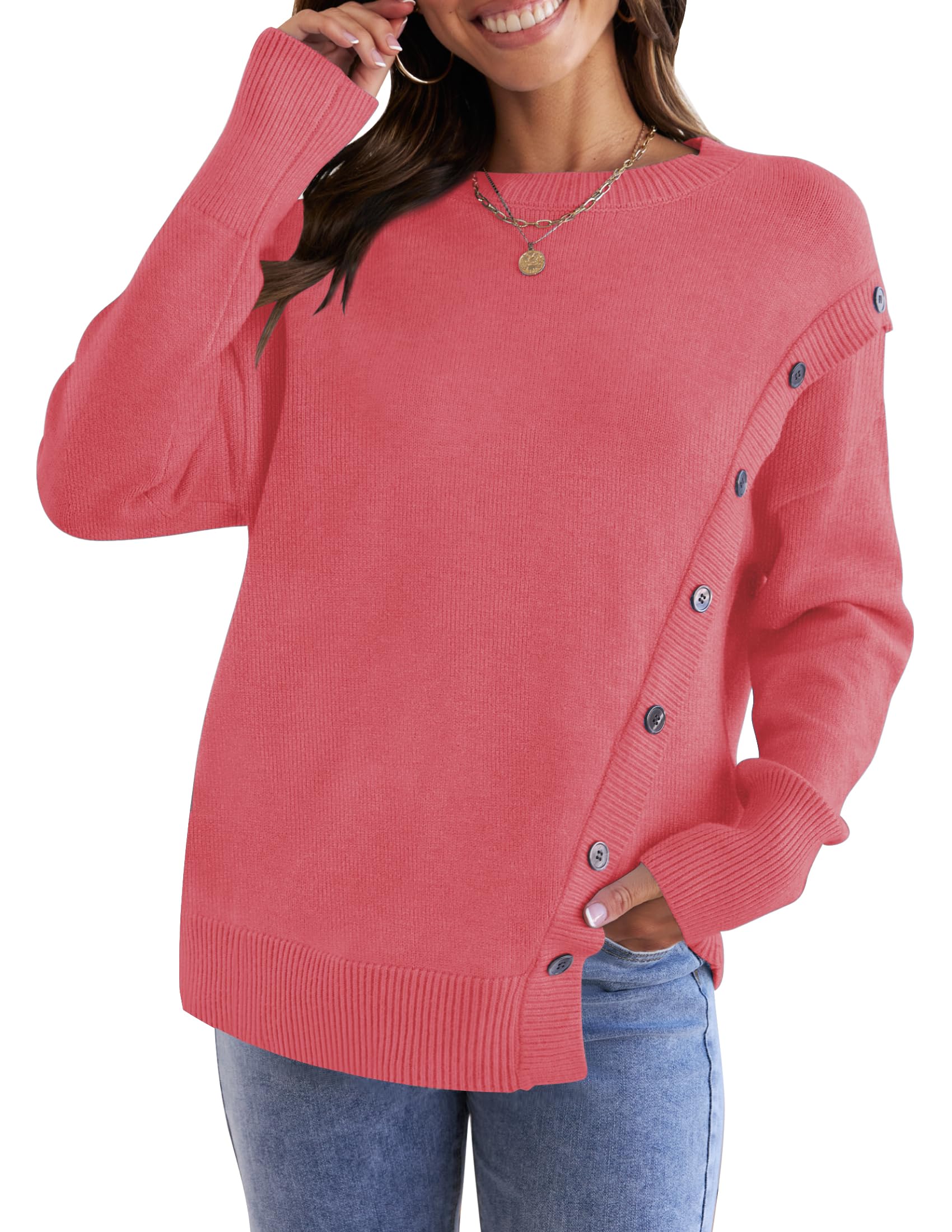 Luxuii Long Sleeve Crew Neck Pullover Button Sweater Top