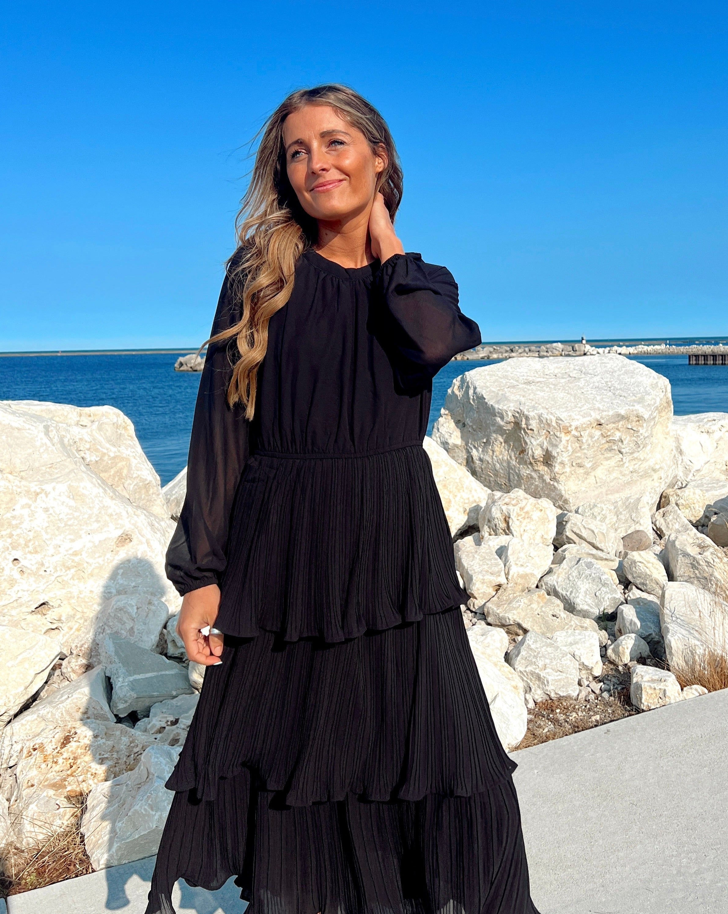 Luxuii Long Sleeve Crew Neck Ruffle Tiered Chiffon Midi Dress