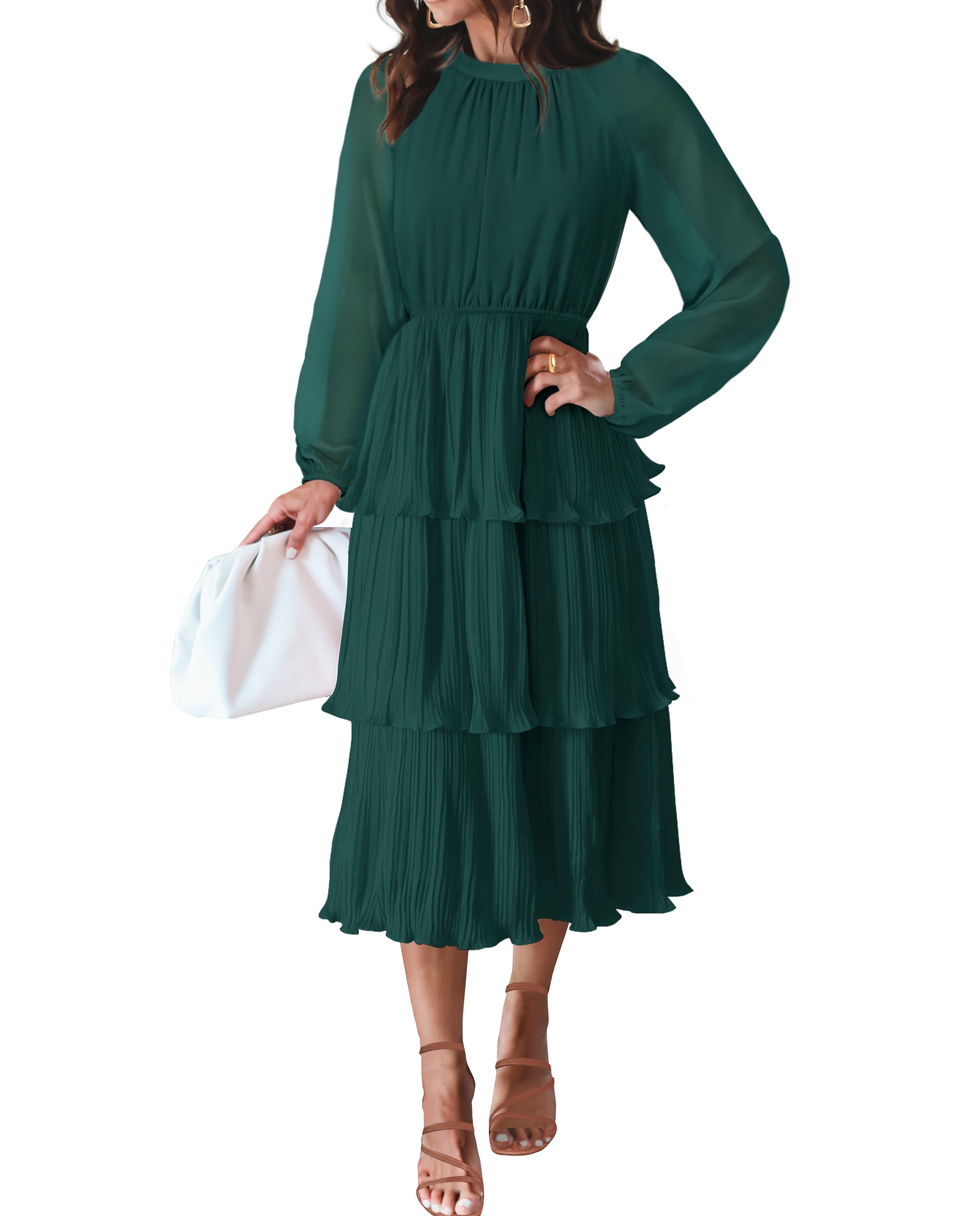 Luxuii Long Sleeve Crew Neck Ruffle Tiered Chiffon Midi Dress